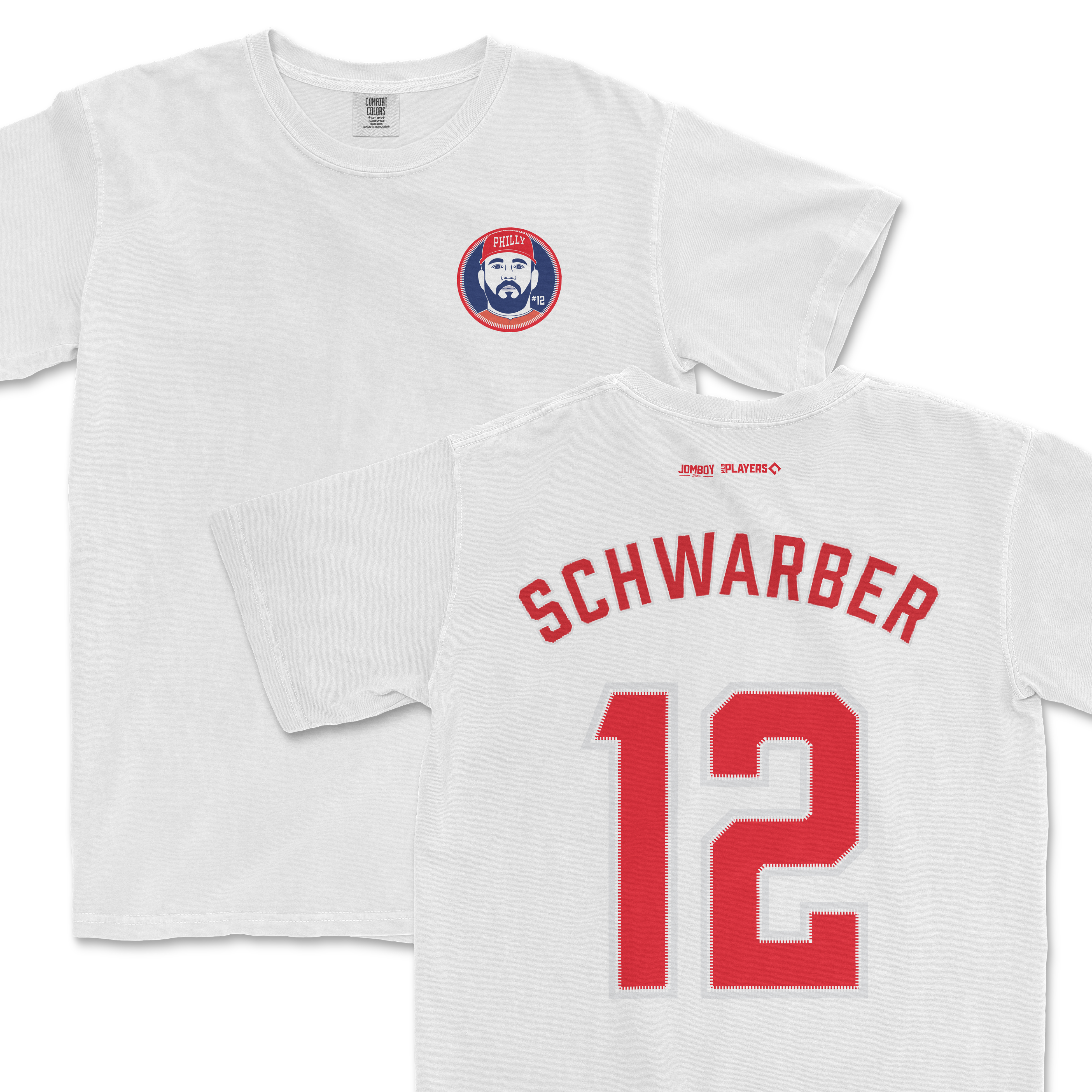 White Comfort Colors tee featuring a Phillies-themed Kyle Schwarber shirsey design, with Schwarber's name and number 12 on the back.