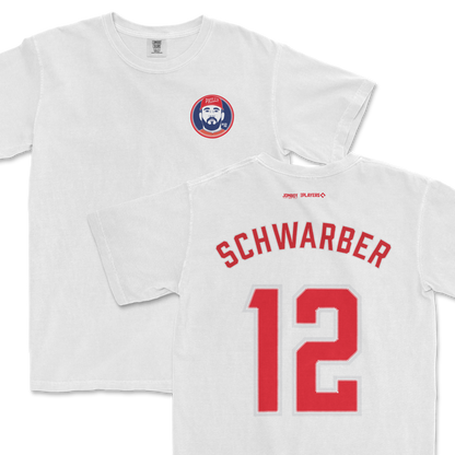 White Comfort Colors tee featuring a Phillies-themed Kyle Schwarber shirsey design, with Schwarber's name and number 12 on the back.