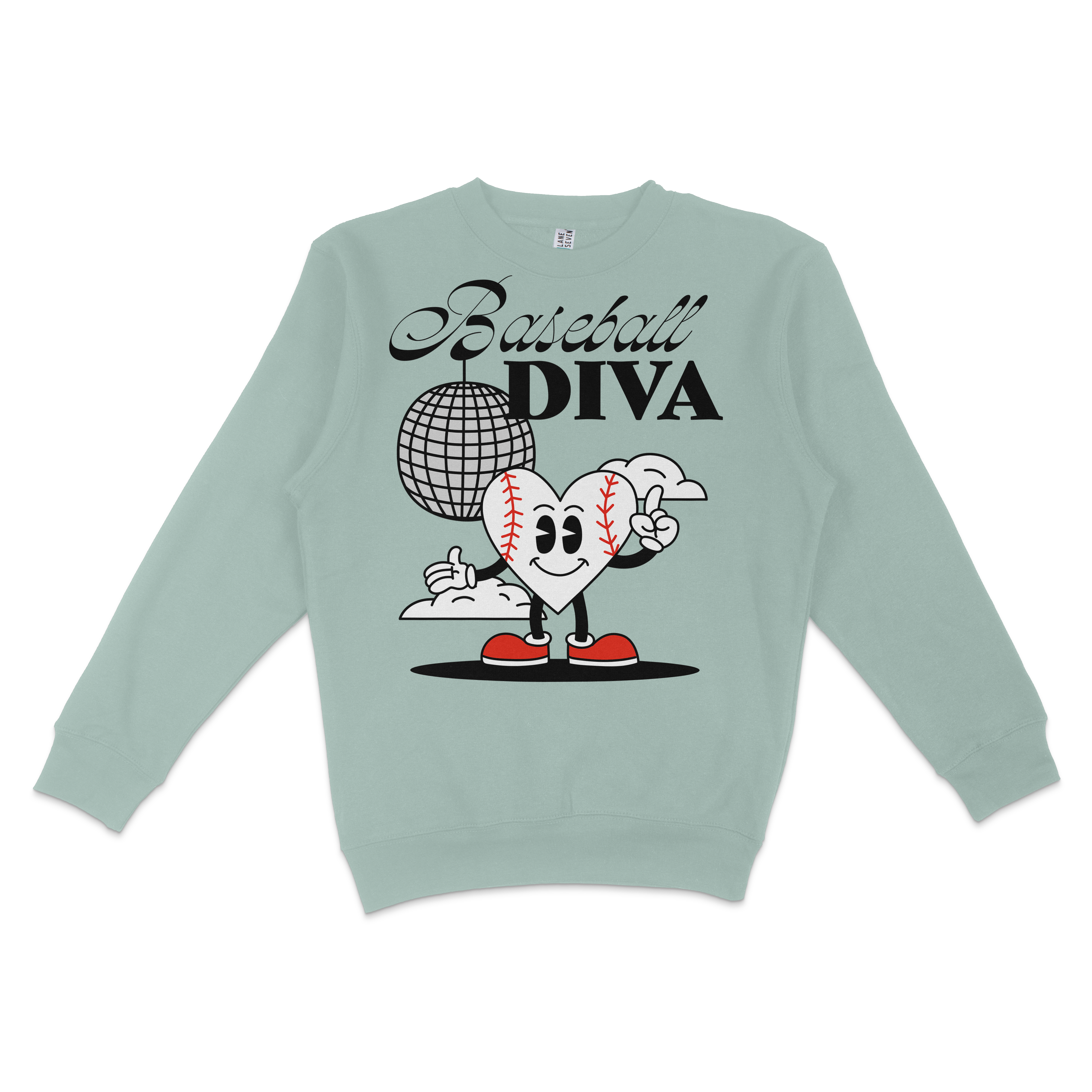 Light green crewneck sweatshirt featuring a cartoon heart with baseball stitches, wearing sneakers, with "Baseball Diva" text above.