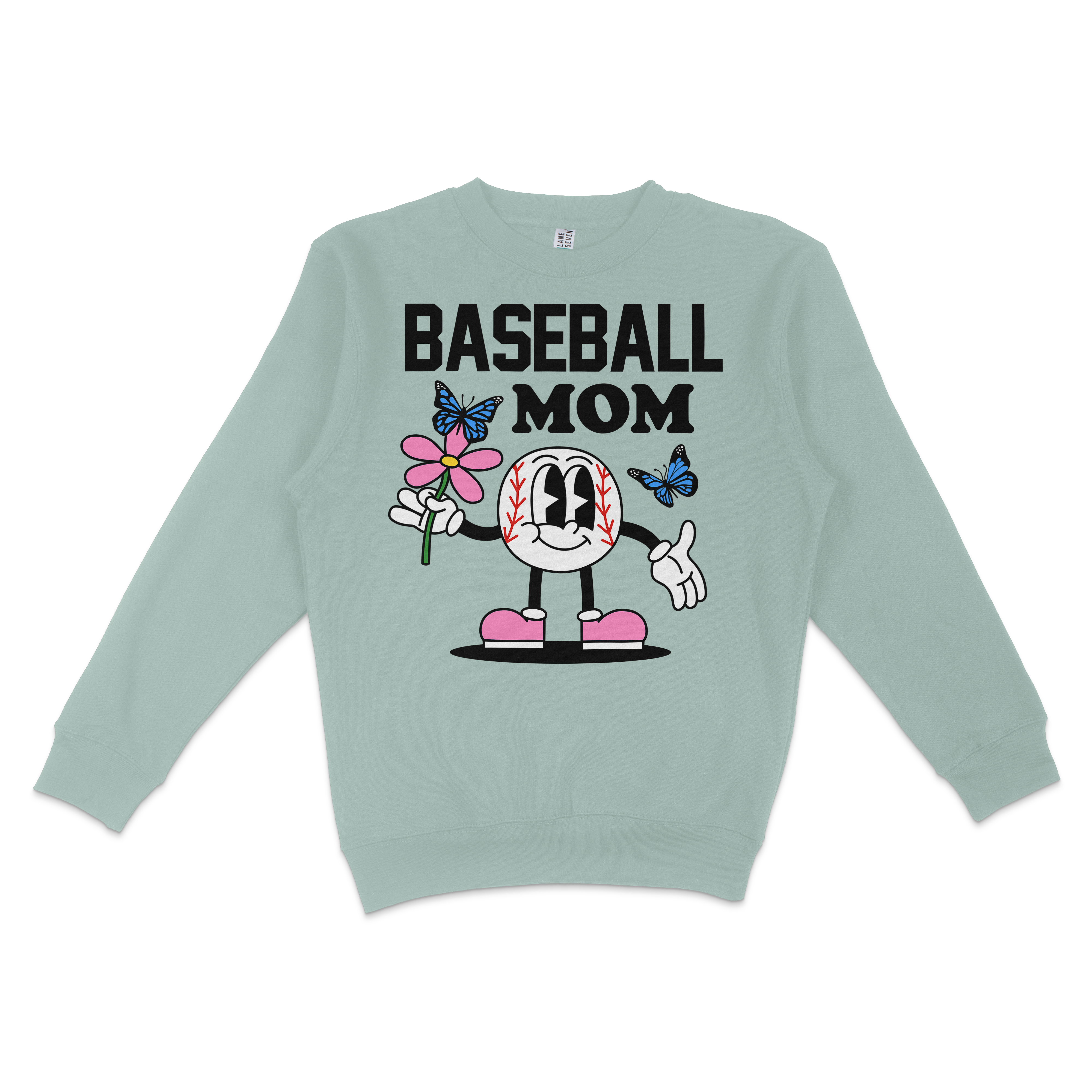Light green crewneck sweatshirt featuring a cartoon baseball character holding a pink flower, with "Baseball Mom" text and butterflies.