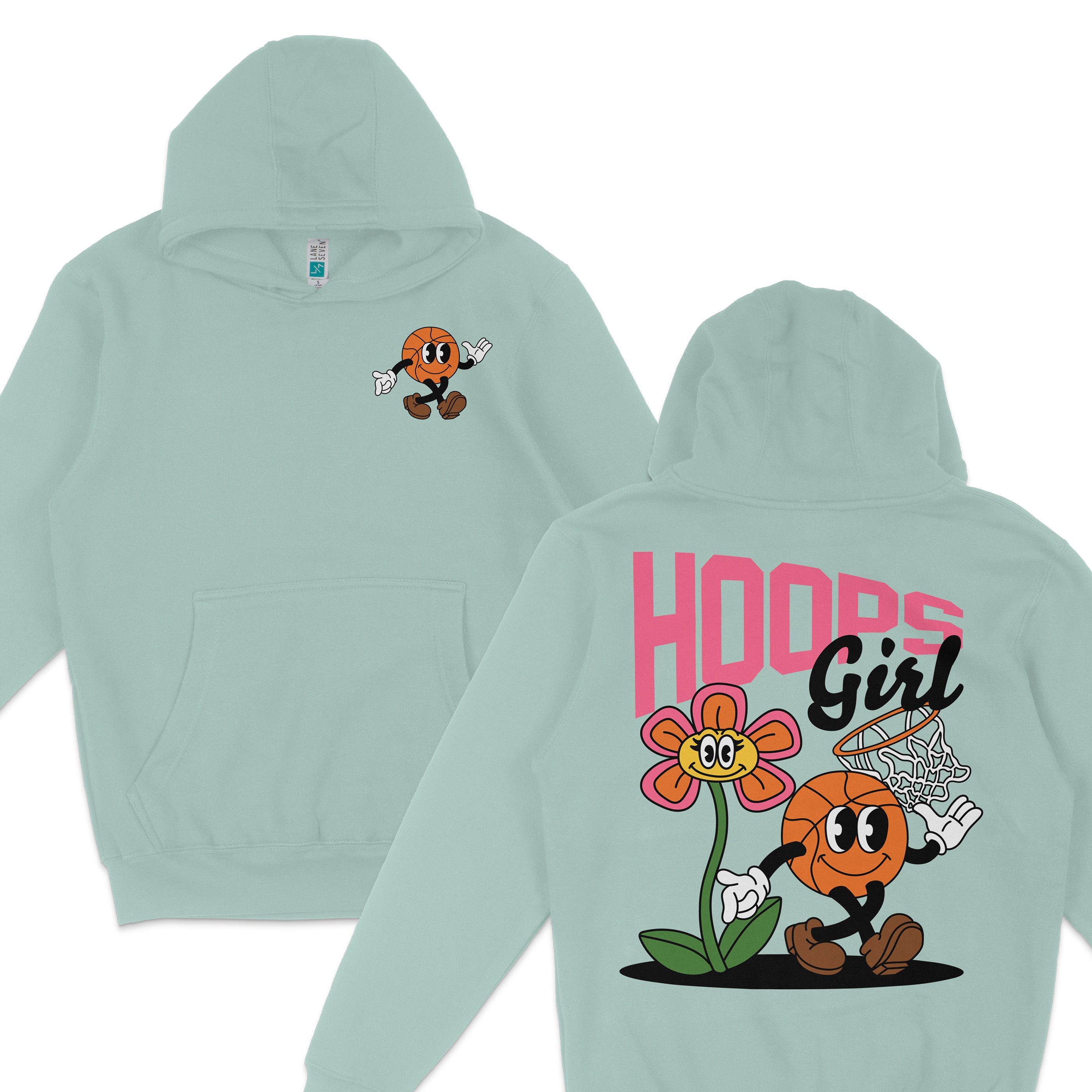 Light blue hoodie featuring a cartoon basketball character with hoops girl text, floral design, and playful graphics on back.