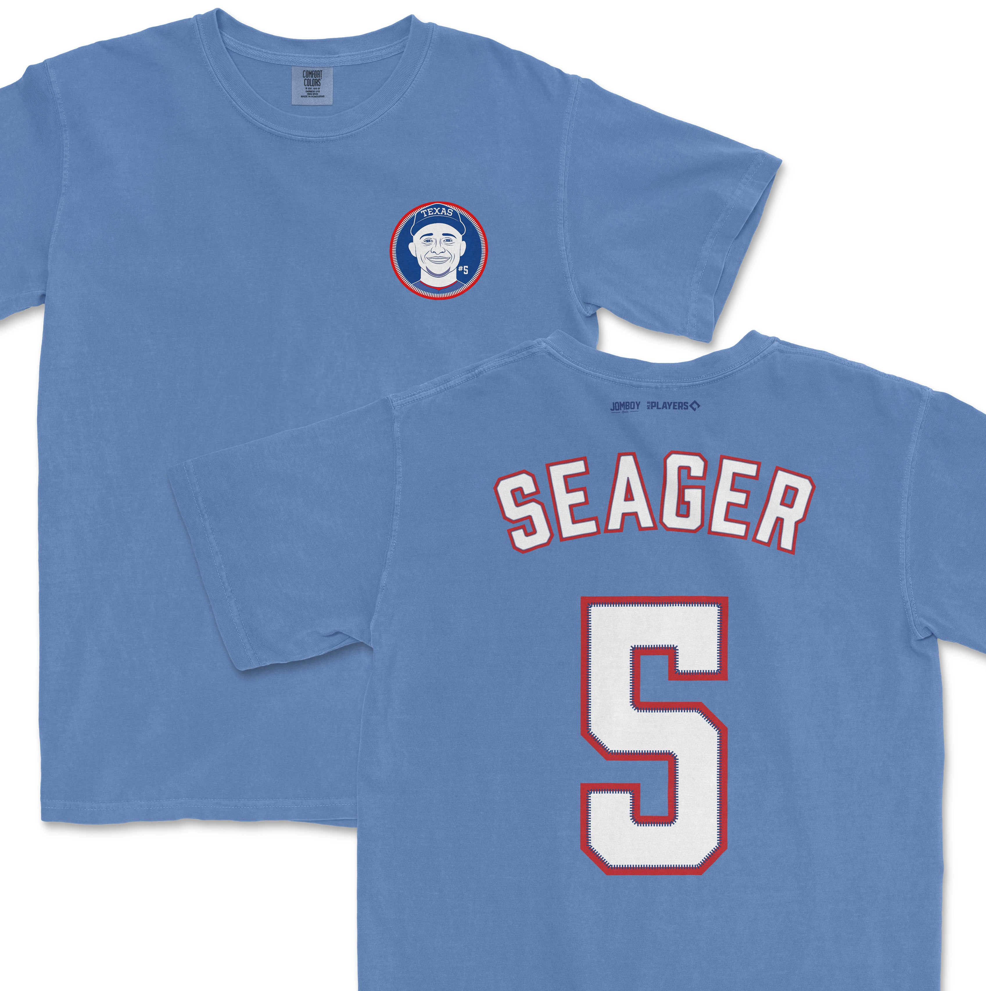 Blue Comfort Colors tee featuring Corey Seager's name and number on the back, with a Texas-themed logo on the front.