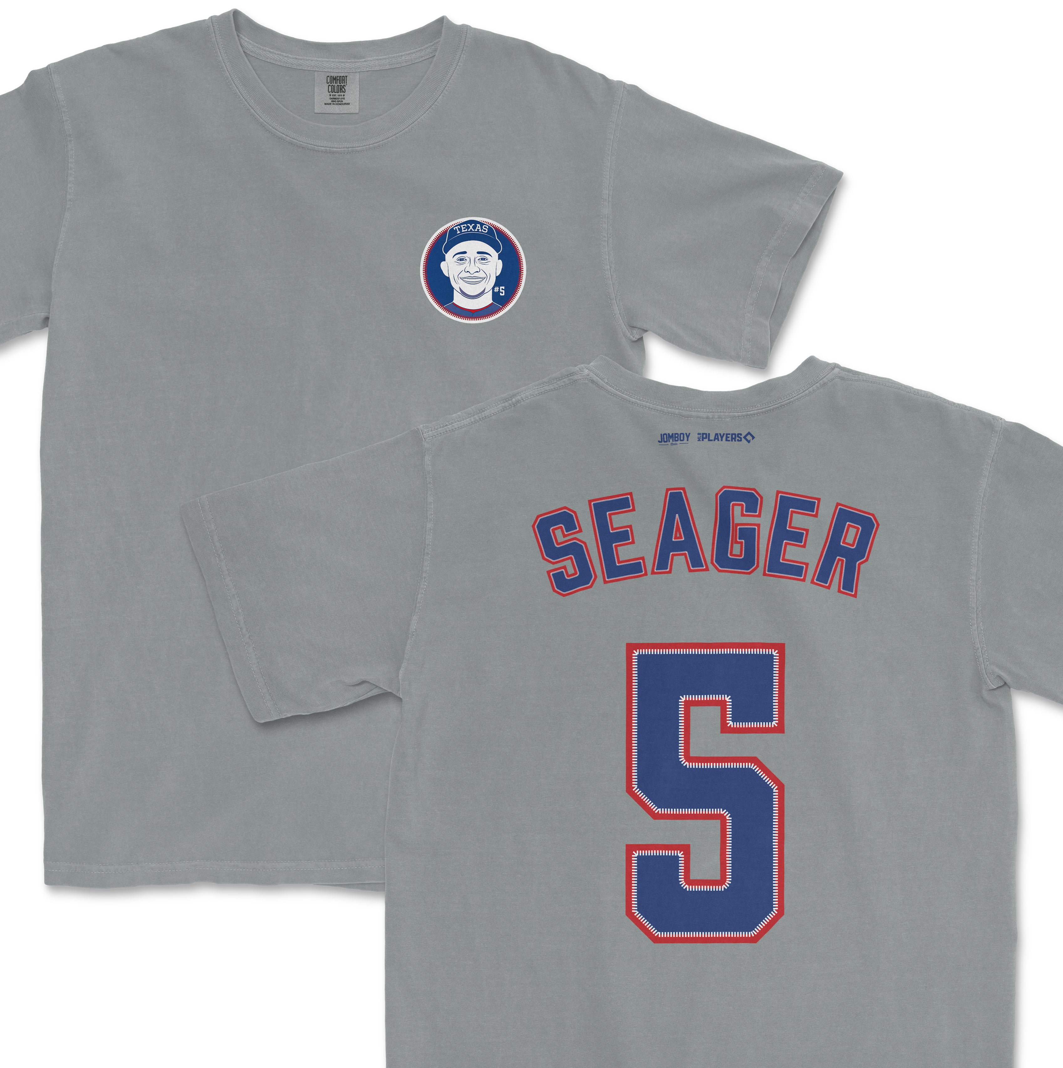 Gray Comfort Colors tee featuring Corey Seager's name and number 5 on the back, with a team logo on the front.