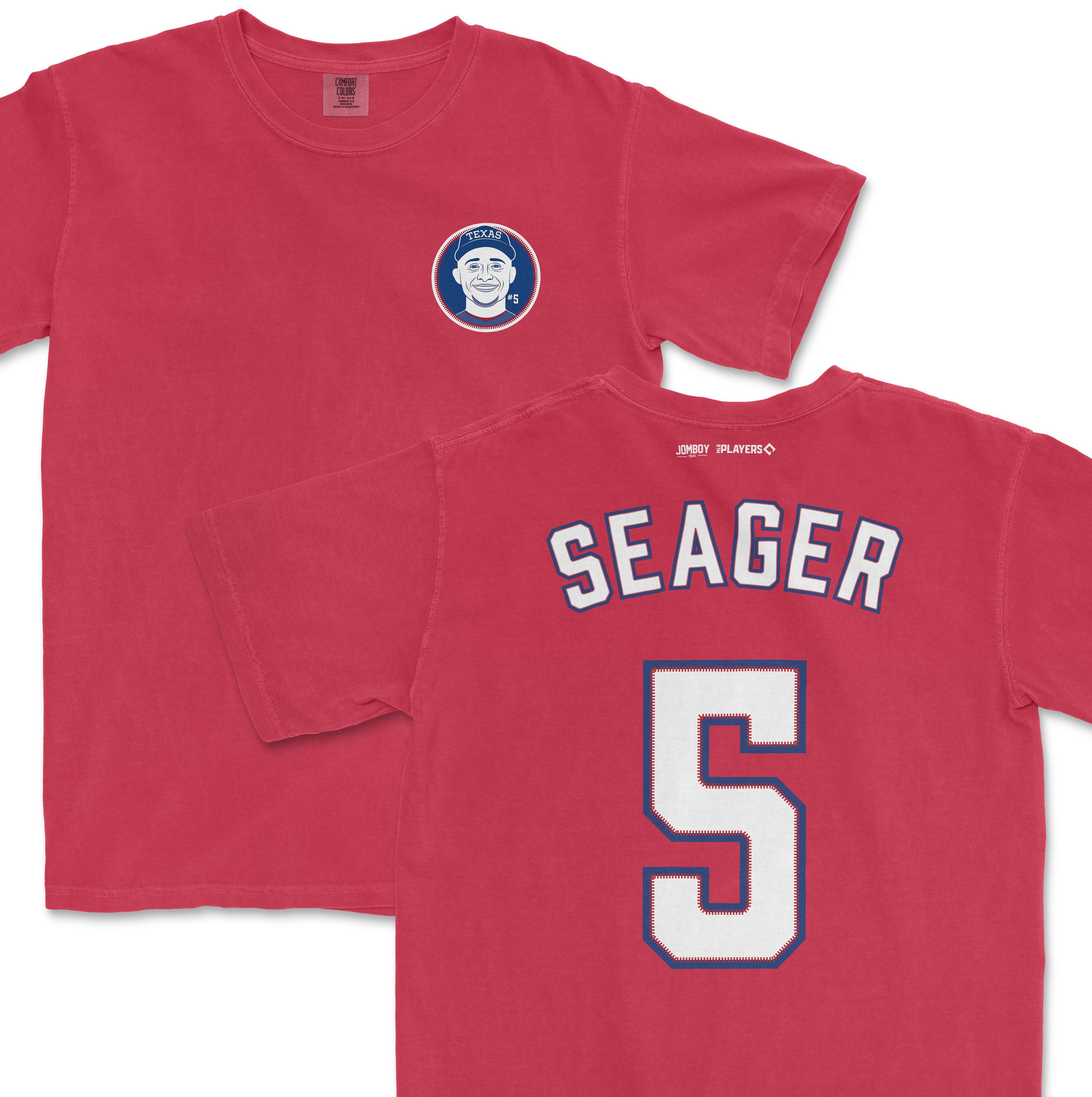 Red Comfort Colors tee featuring Corey Seager's name and number on the back, with a Texas-themed logo on the front.