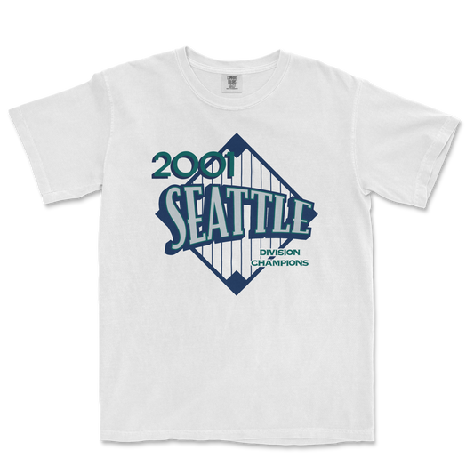 White T-shirt featuring a vintage Seattle design with "2001" and "Division Champions" text, and a stylized bridge graphic.