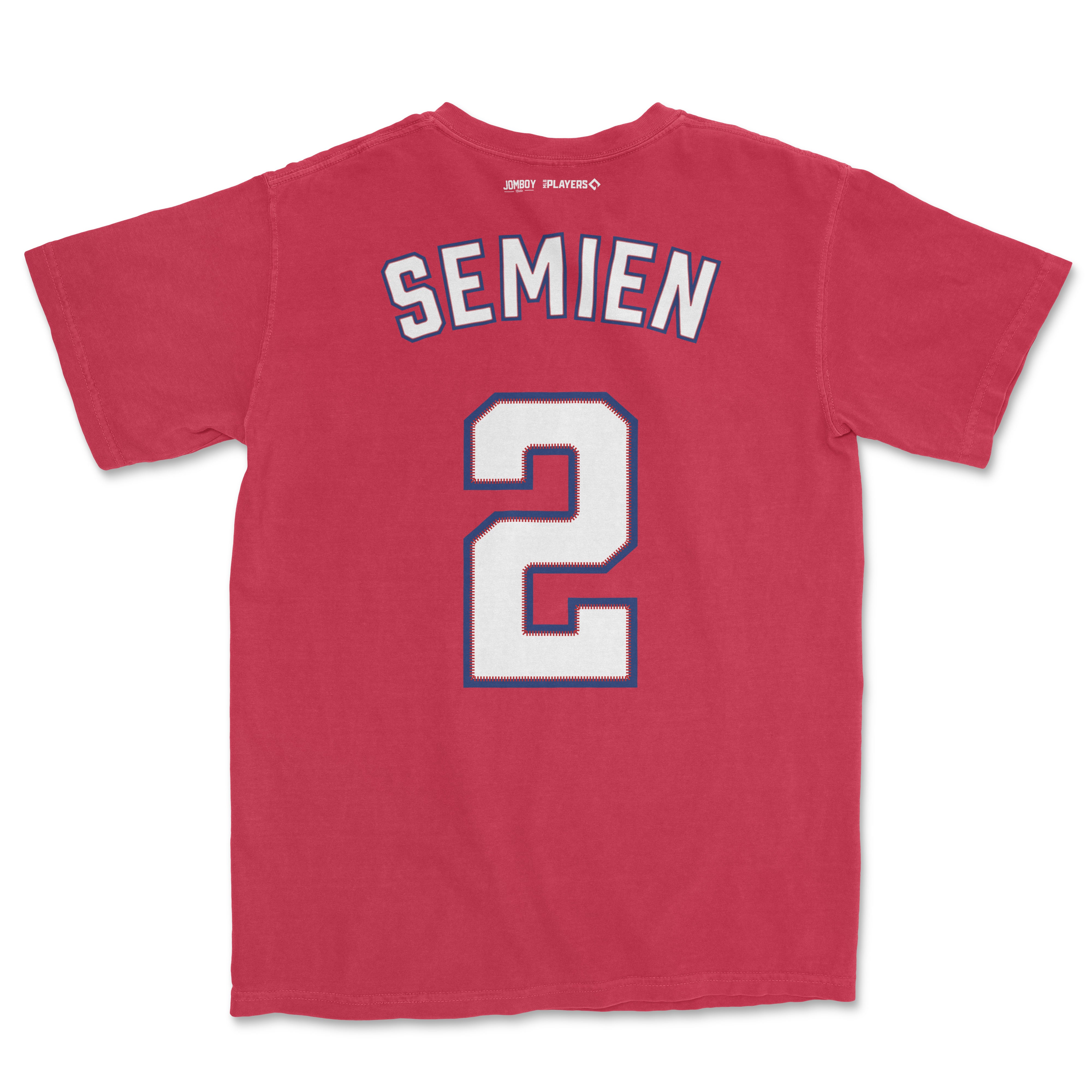 Red Comfort Colors tee featuring "Semien" and the number "2" on the back, designed as a baseball jersey shirsey.