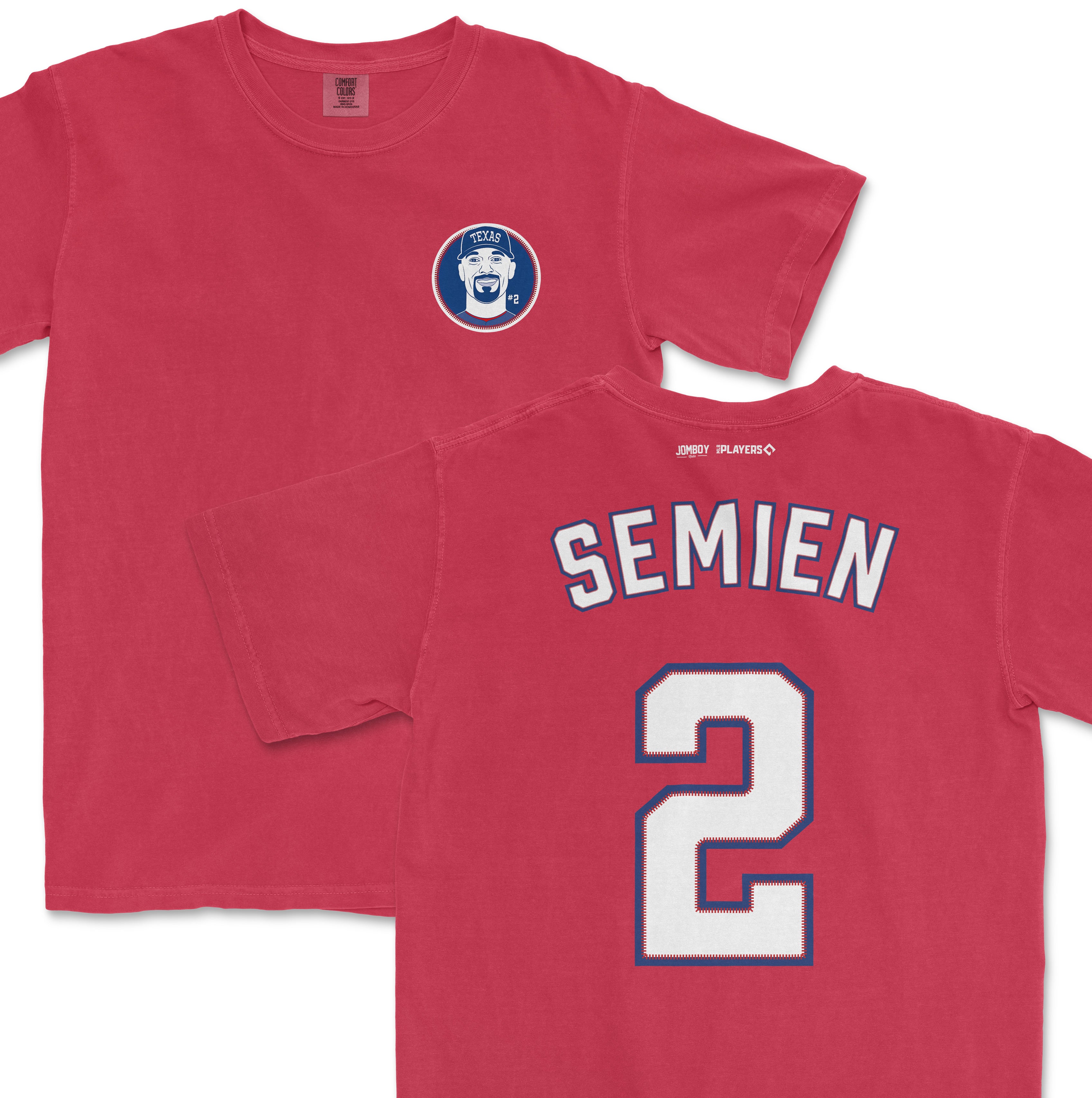 Red Comfort Colors tee featuring Marcus Semien's name and number 2 on the back, with a Texas-themed graphic on the front.