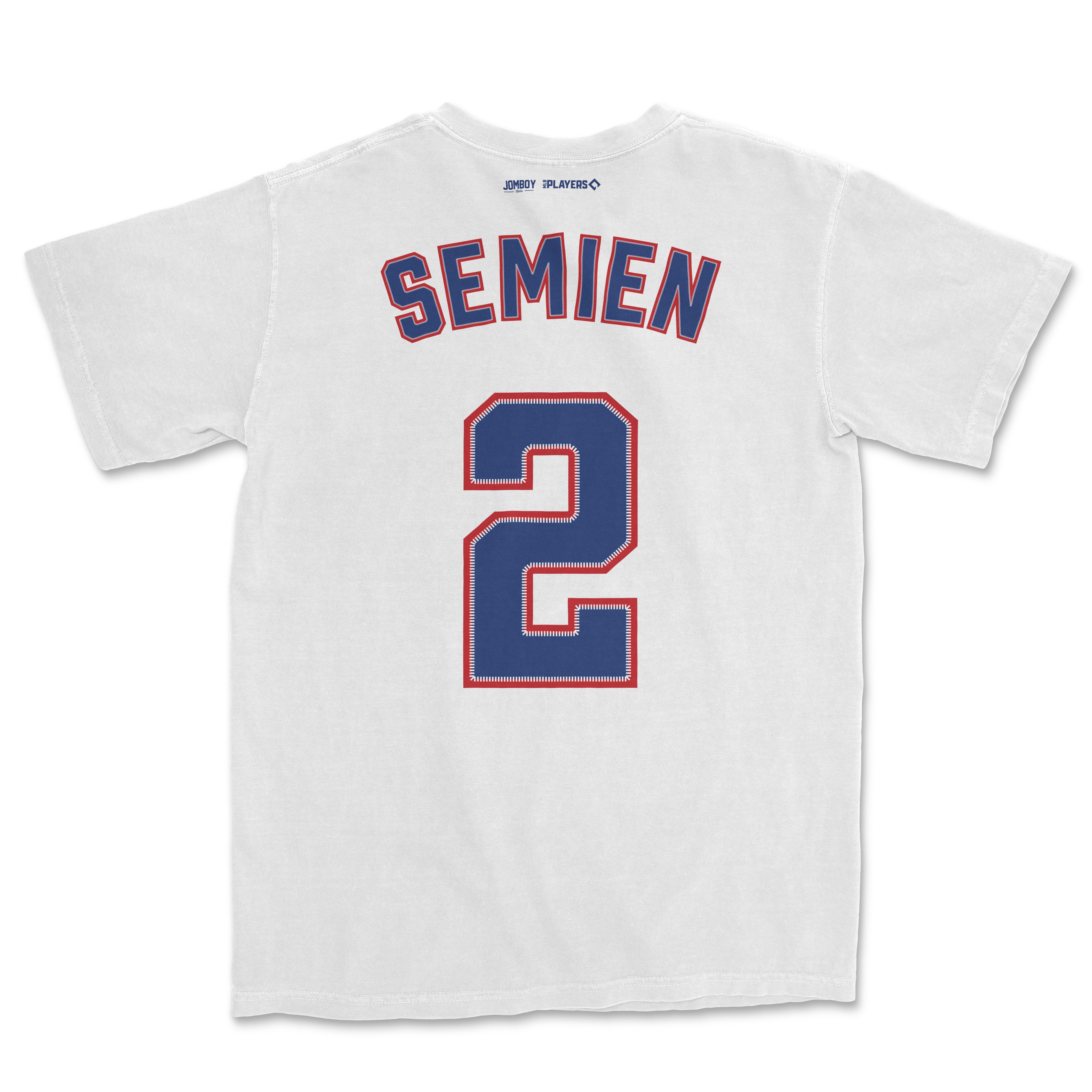 White Comfort Colors tee featuring "Semien" and the number "2" in blue and red, with small sponsor logos above the name.