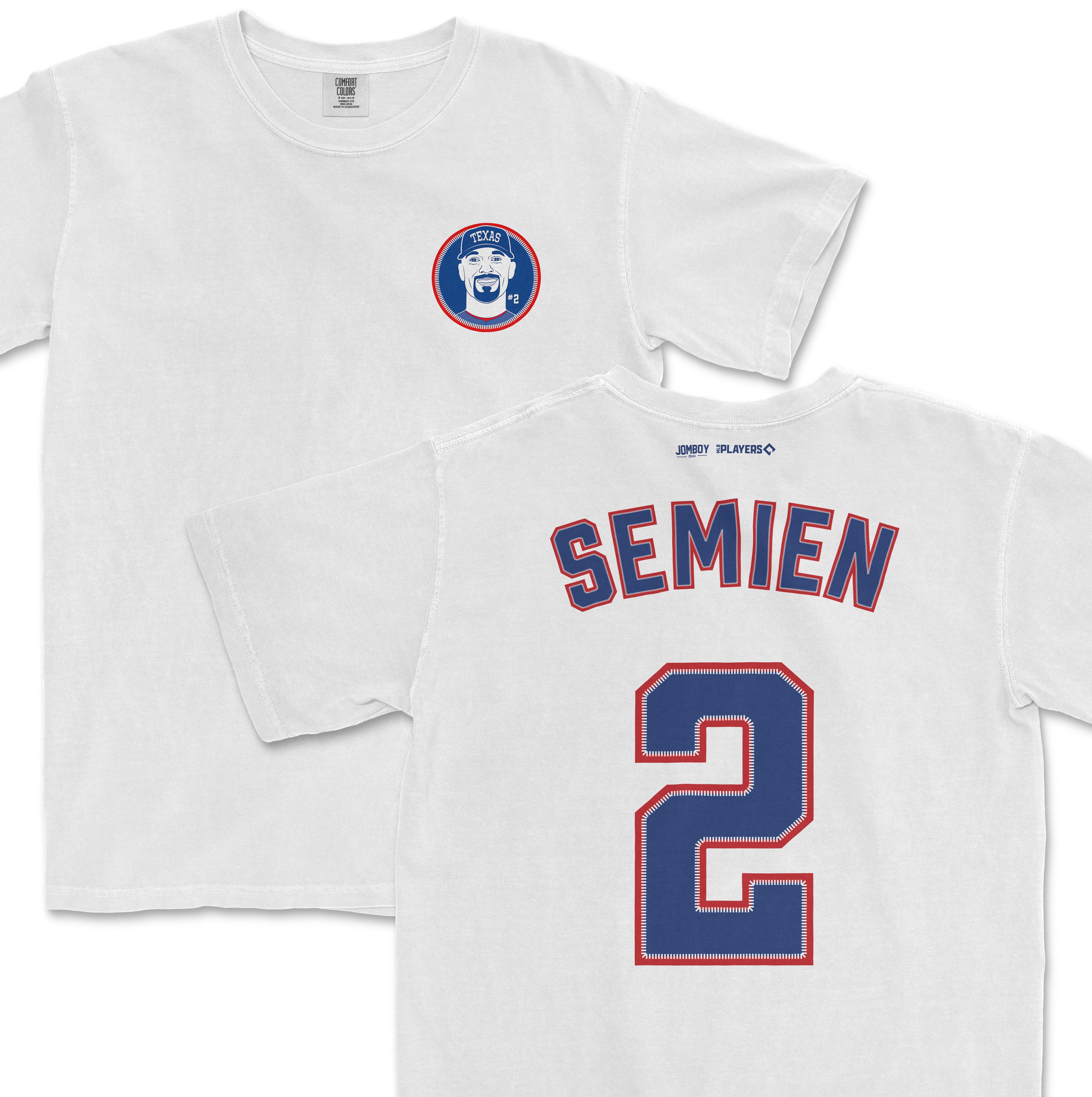 White Comfort Colors tee featuring Marcus Semien's name and number 2 on the back, with a Texas-themed logo on the front.