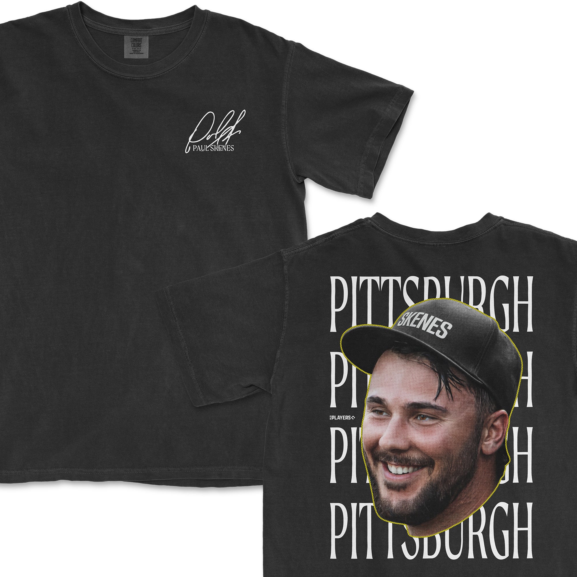 Black t-shirt featuring Paul Skenes' signature on the front and a large graphic of his face with "Pittsburgh" text on the back.