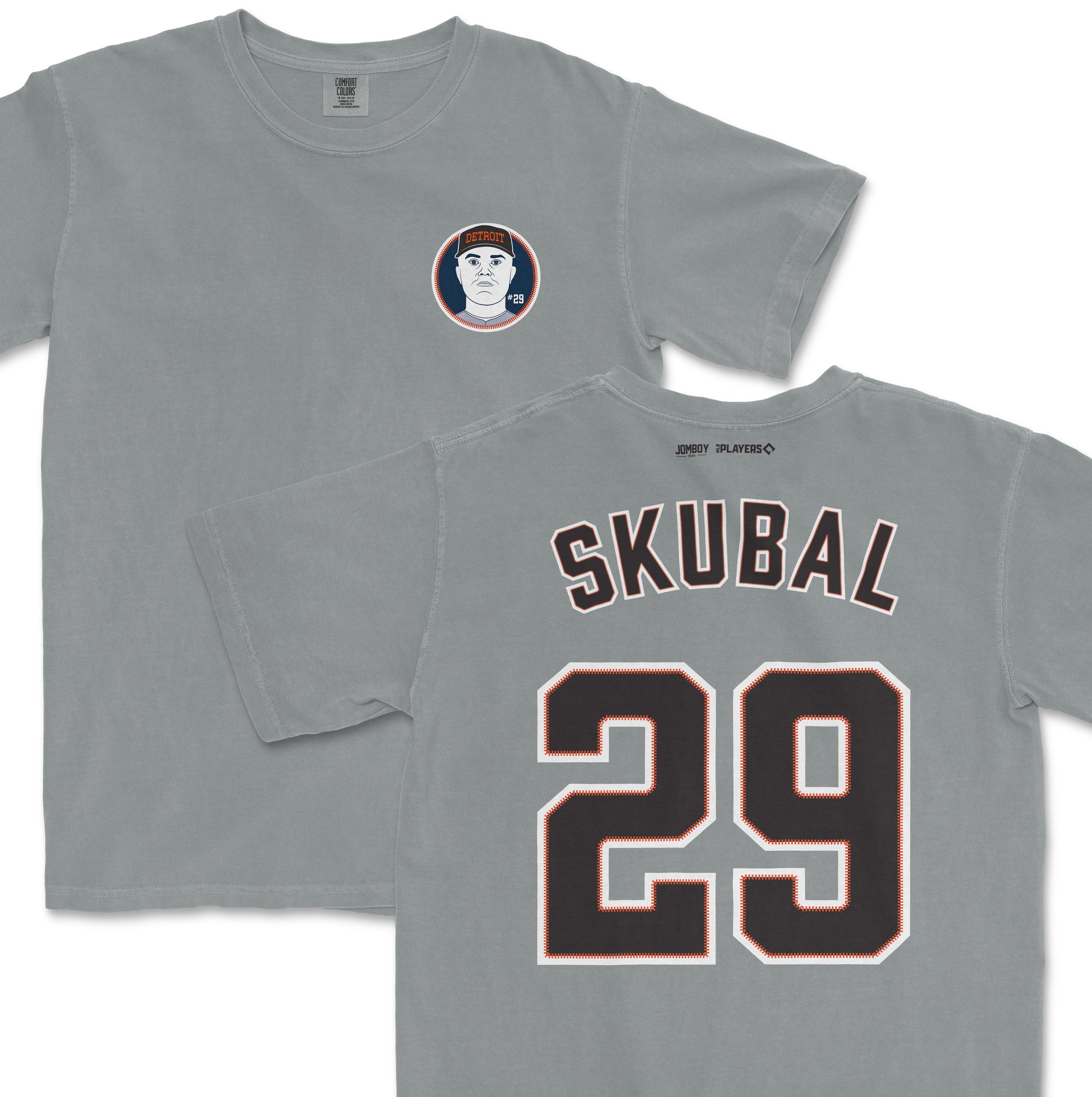 Gray Tarik Skubal baseball shirsey with "Skubal" and the number 29 printed on the back, and a Detroit-themed graphic on the front.