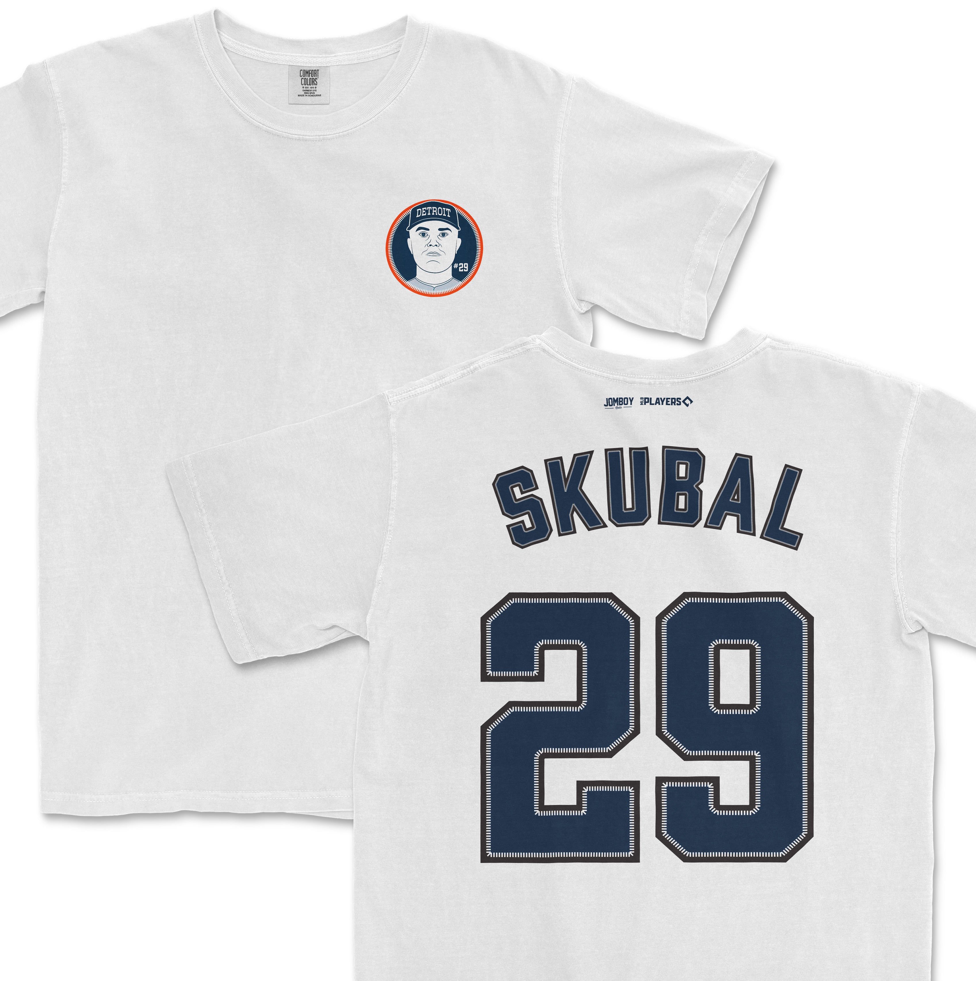 White T-shirt with "Skubal 29" printed on the back and a Detroit-themed graphic of a face wearing a cap on the front.