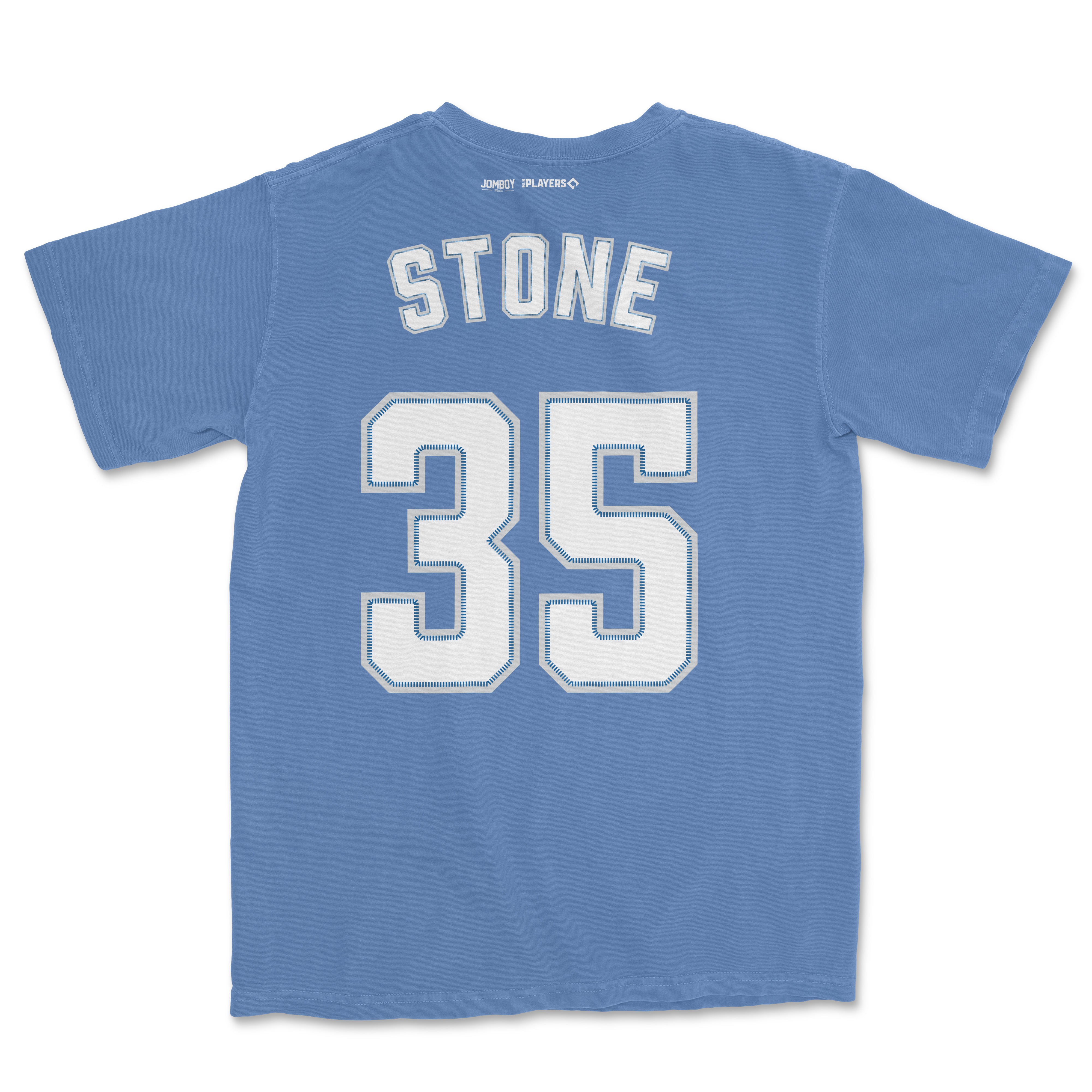 Back of a blue Comfort Colors tee featuring "Stone" and the number "35" in large white varsity-style lettering.