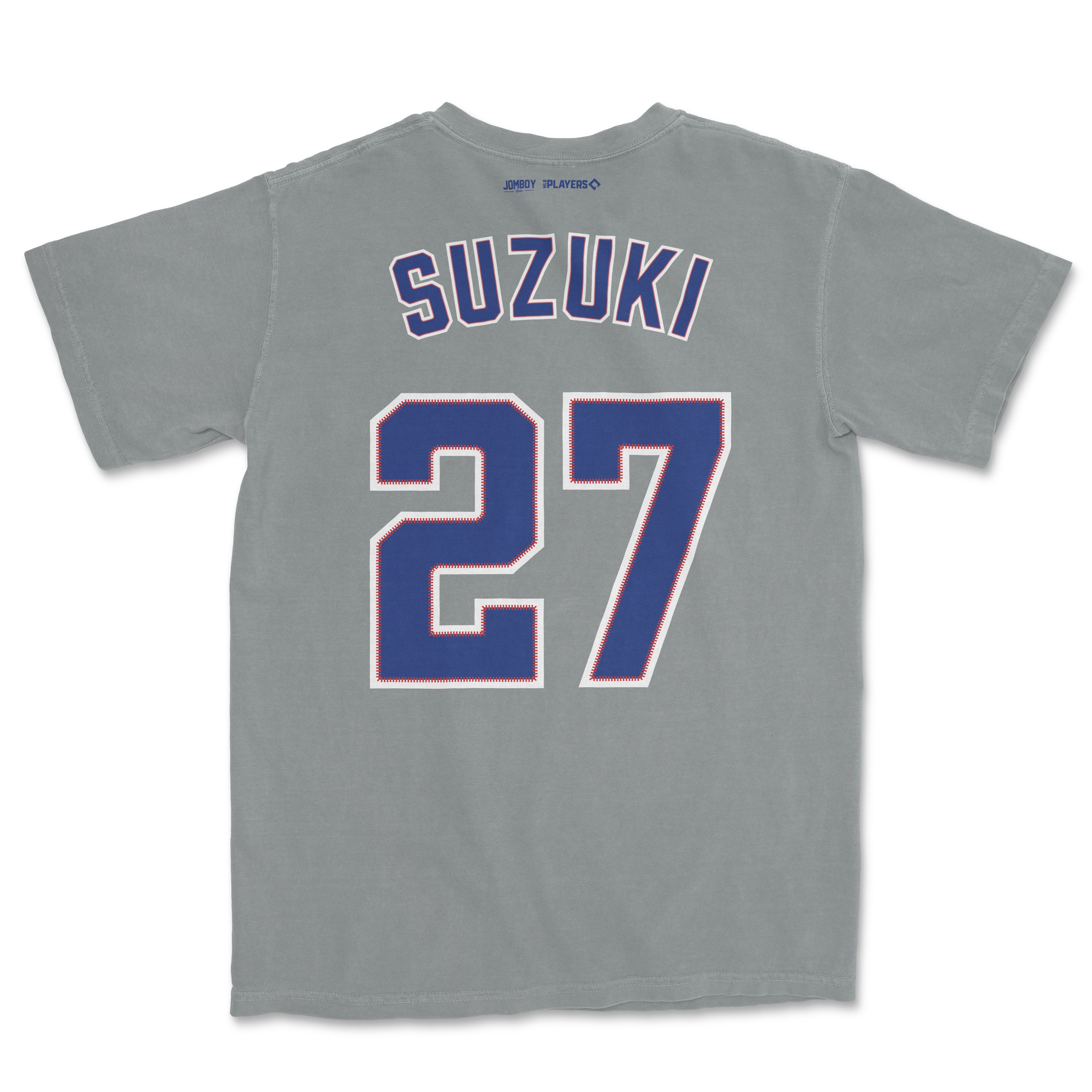 Gray Seiya Suzuki baseball jersey with "Suzuki" and the number "27" in blue and red on the back.