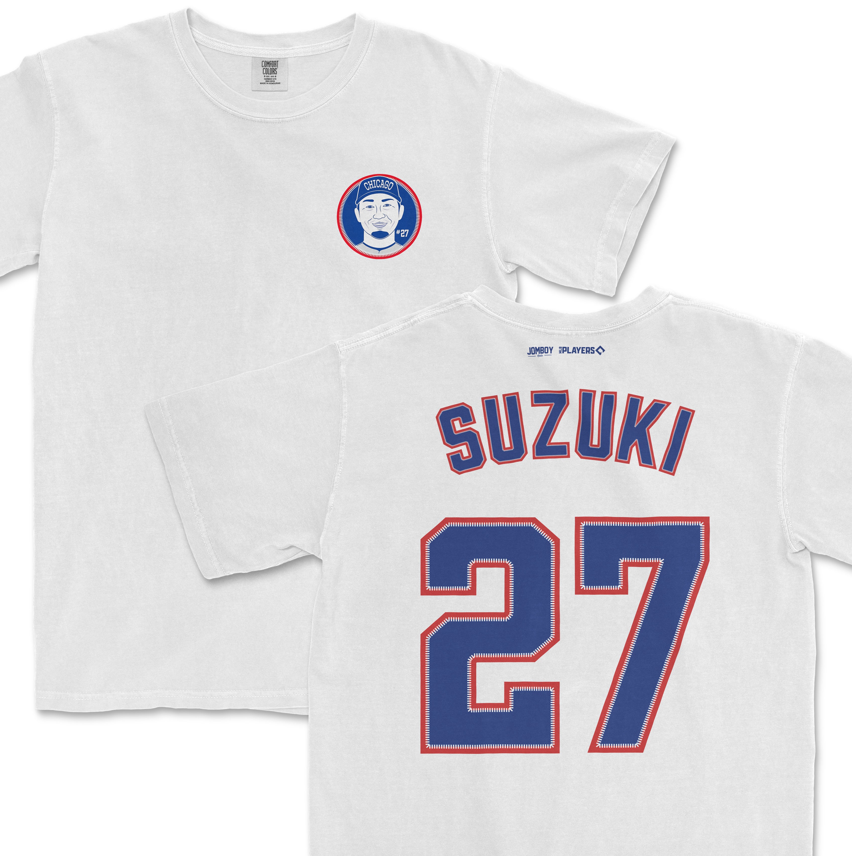 White Seiya Suzuki Shirsey featuring a front logo with a stylized portrait and "CHICAGO" text, and a back with "SUZUKI" and number 27 in bold blue and red lettering.