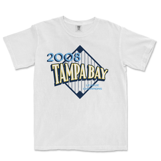 White T-shirt featuring a Tampa Bay Lightning 2008 League Champions graphic with a bridge illustration and bold yellow and blue text.