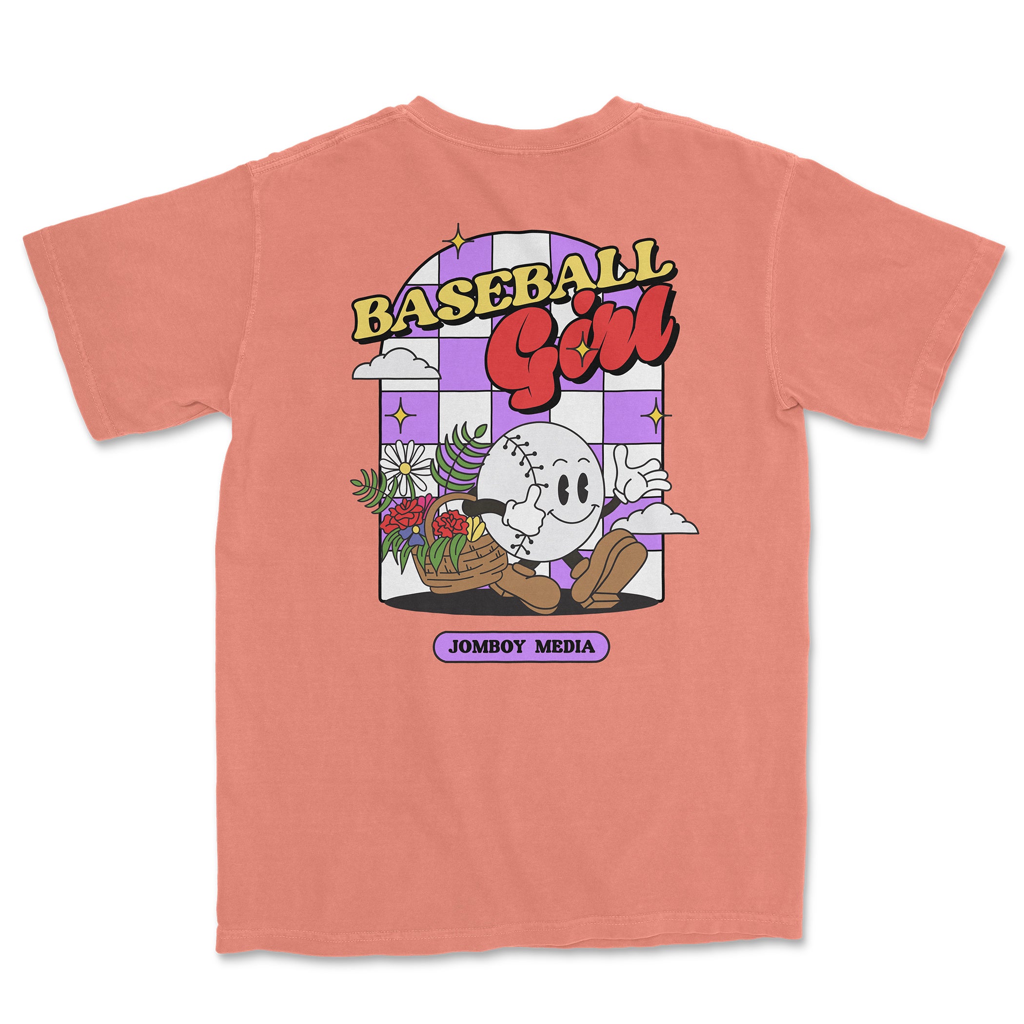 Pink Comfort Colors tee featuring a cartoon baseball girl holding a basket of flowers with "Baseball Girl" text and "Jombo Media" label.