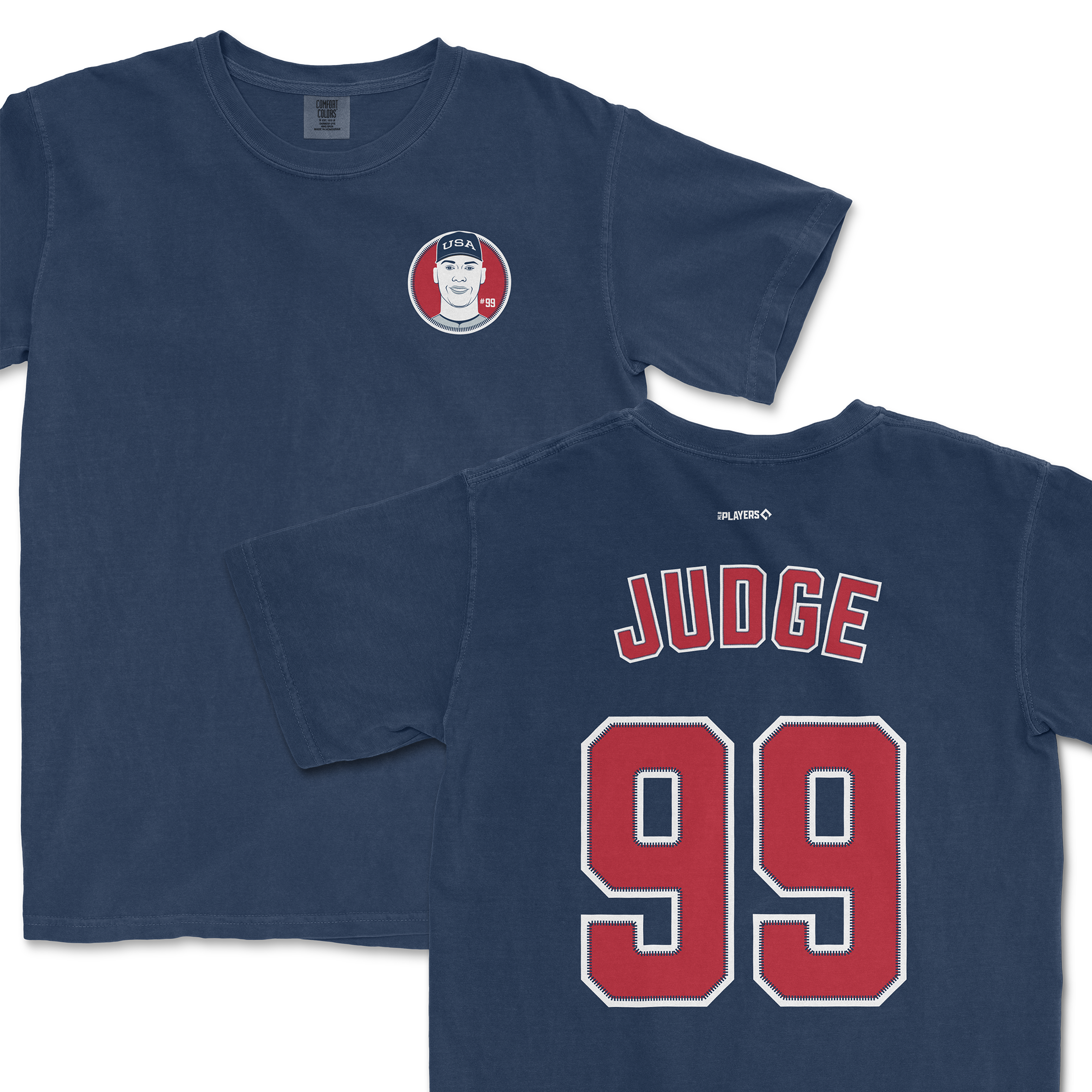 Navy Aaron Judge USA shirsey featuring a front logo and "JUDGE 99" on the back, perfect for baseball fans.