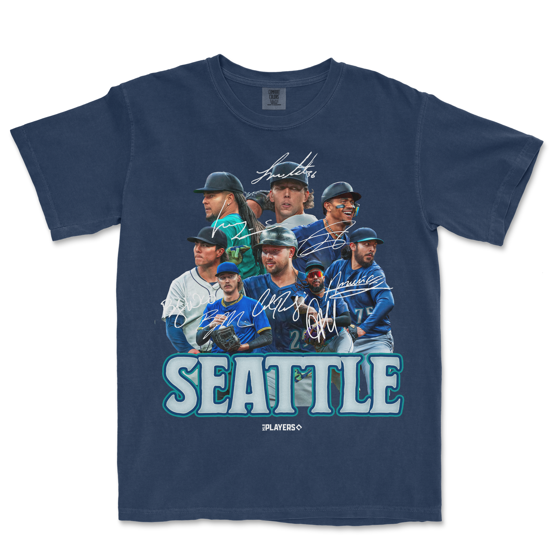 T-shirt featuring the SEA Signature Series with images of Seattle baseball players, signatures, and "SEATTLE" text.