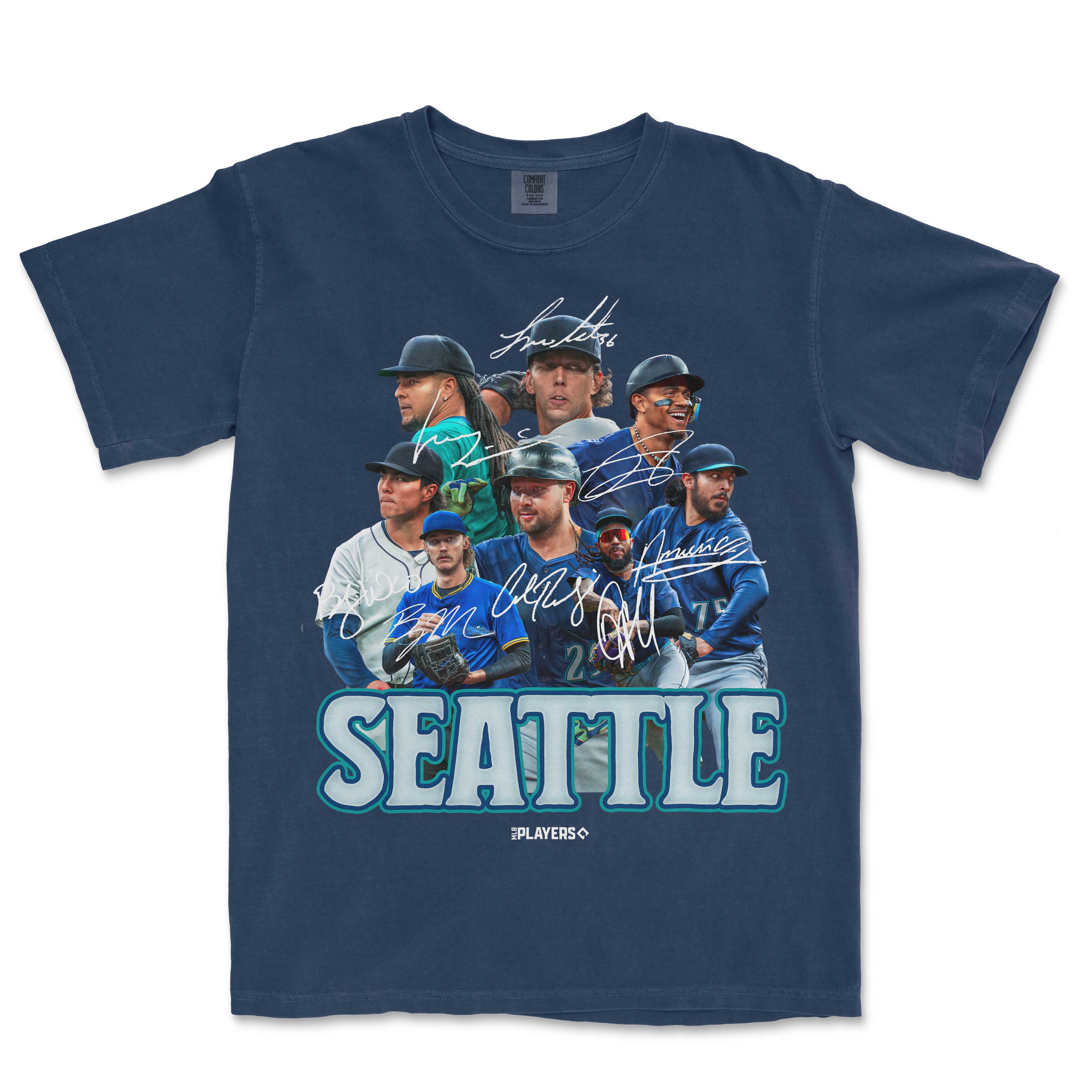 T-shirt featuring the SEA Signature Series with images of Seattle baseball players, signatures, and "SEATTLE" text.