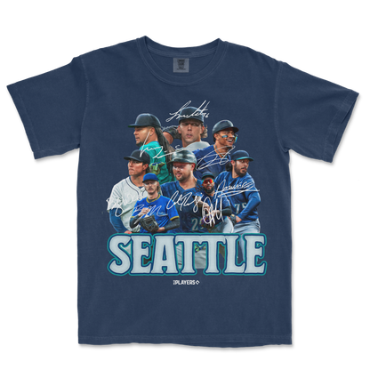 T-shirt featuring the SEA Signature Series with images of Seattle baseball players, signatures, and "SEATTLE" text.
