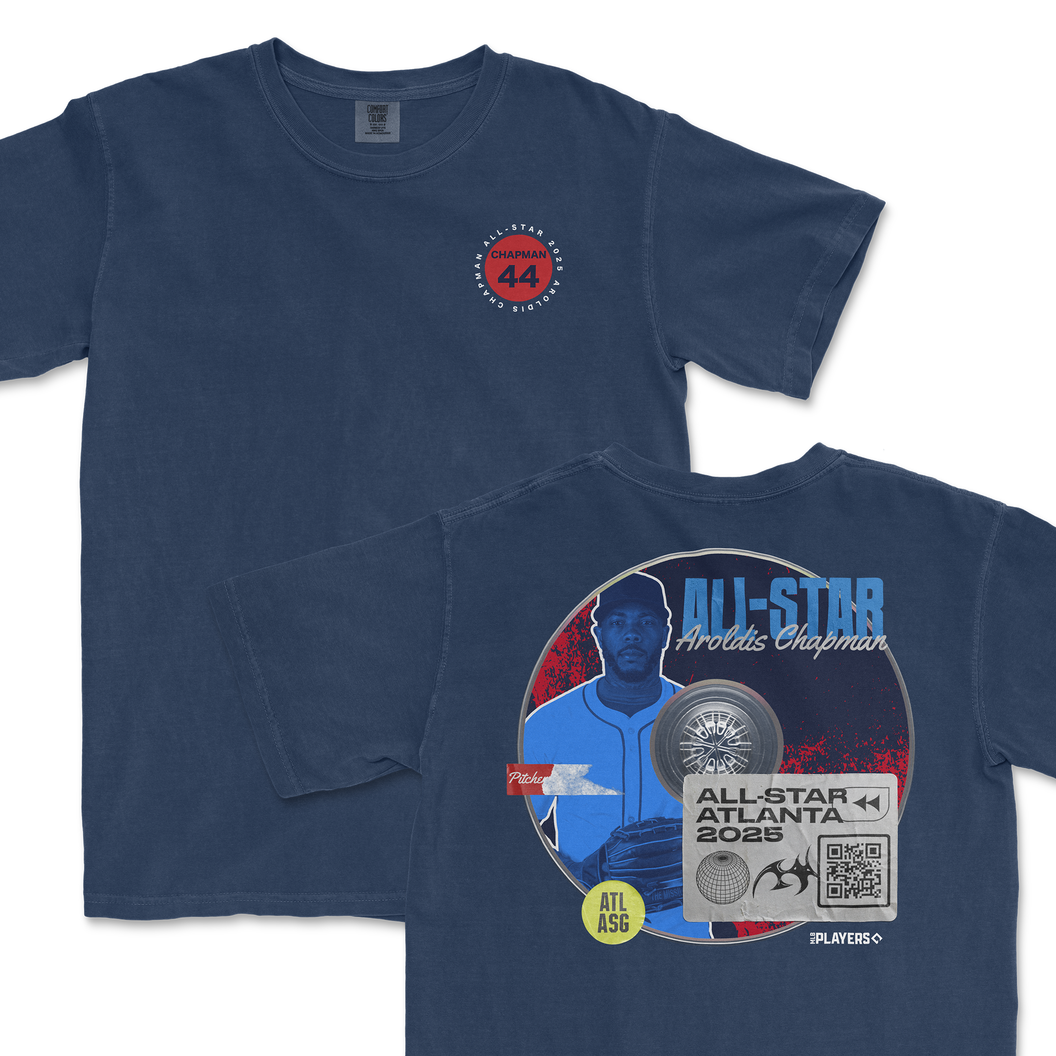 Navy blue t-shirt featuring Aroldis Chapman with "All-Star 2025" graphic and QR code on the back.