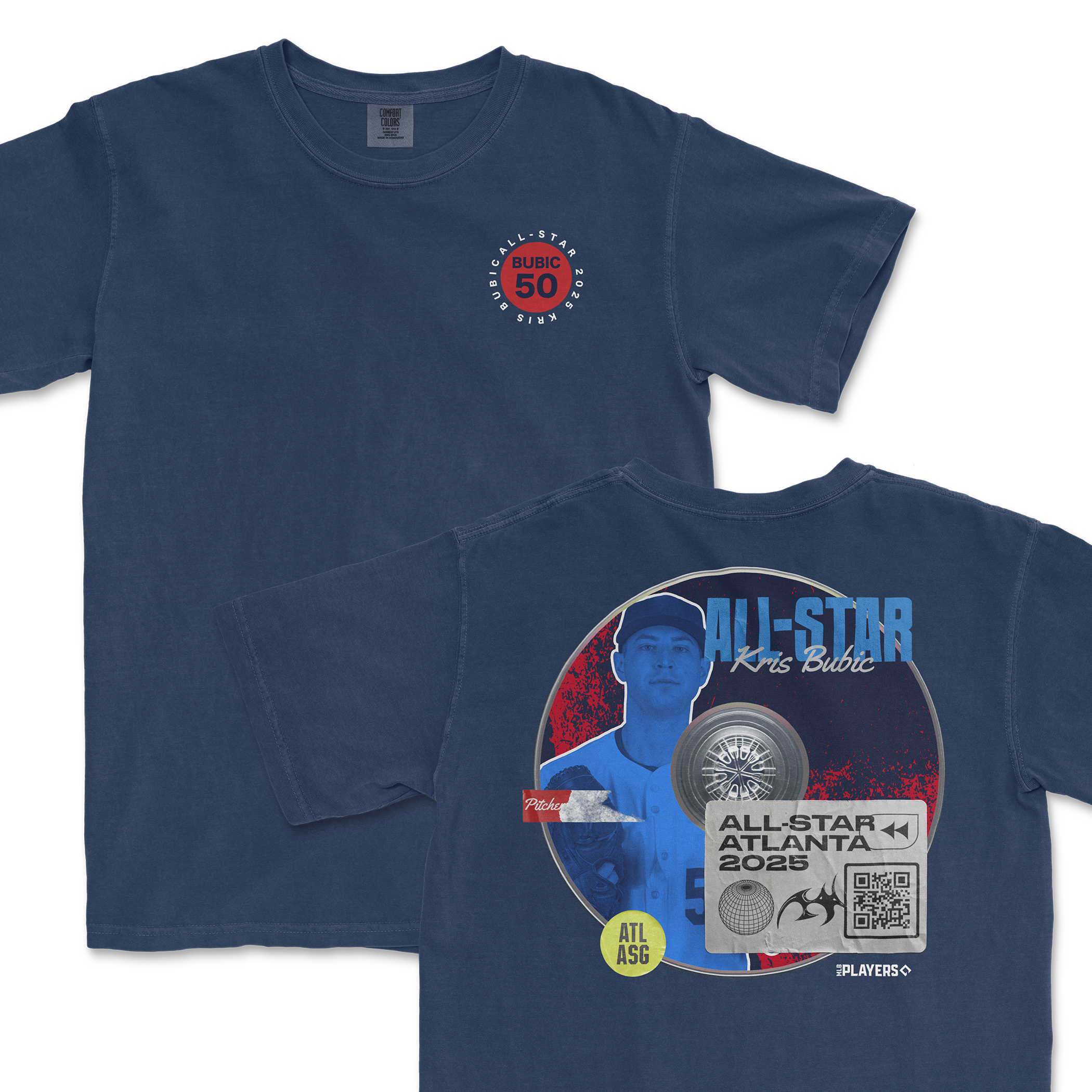 Navy blue t-shirt featuring Kris Bubic's All-Star 2025 design with graphics on the front and back.