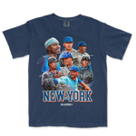 Comfort Colors navy T-shirt featuring a collage of New York baseball players with autographs and "NEW YORK" text.