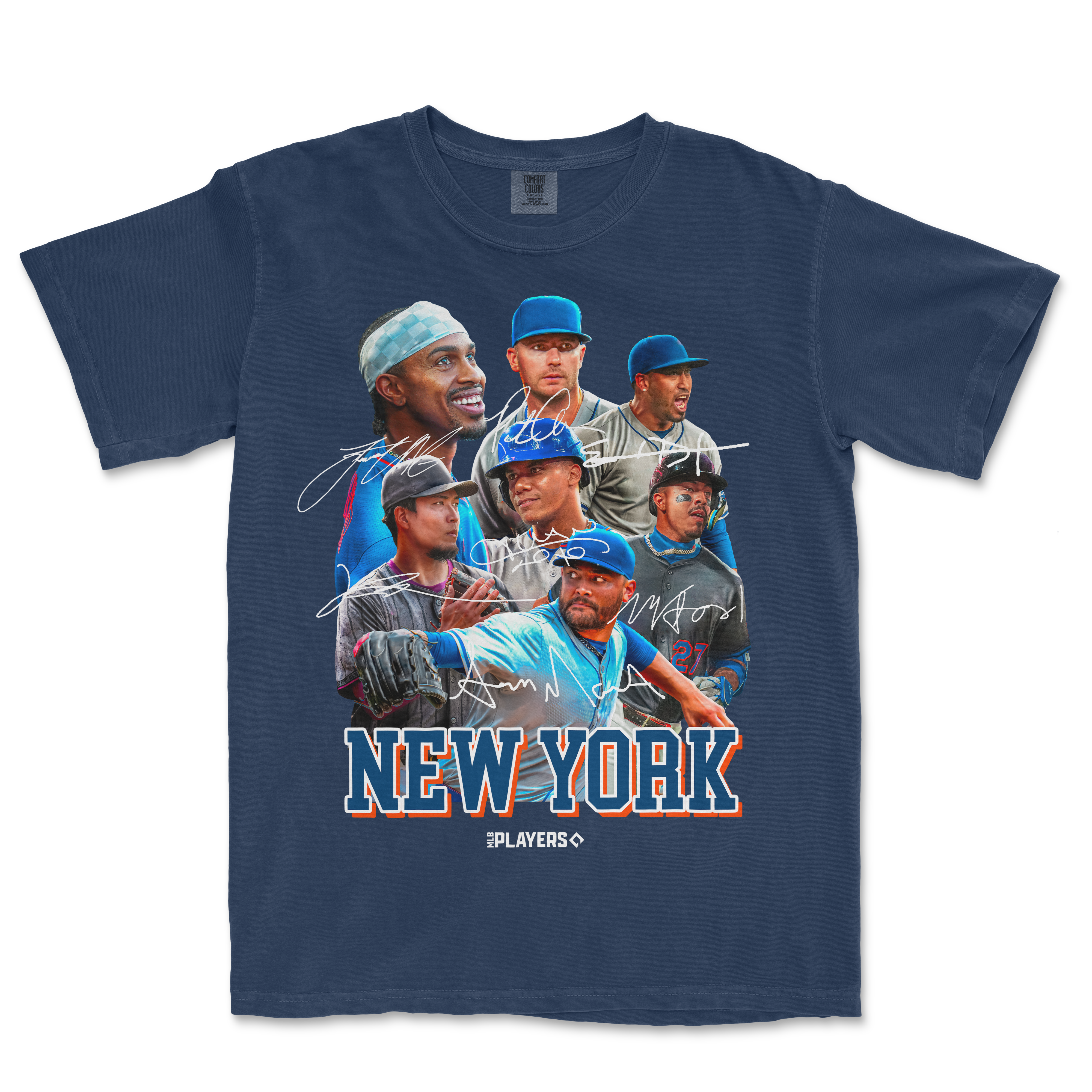 Comfort Colors navy T-shirt featuring a collage of New York baseball players with autographs and "NEW YORK" text.