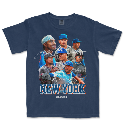 Comfort Colors navy T-shirt featuring a collage of New York baseball players with autographs and "NEW YORK" text.