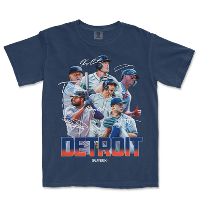 A navy Comfort Colors T-shirt featuring a Detroit baseball team graphic with players, signatures, and "DETROIT" text.