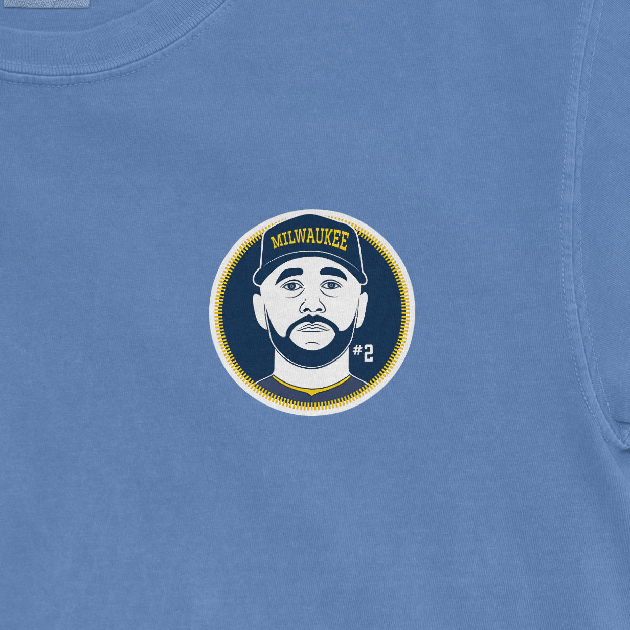 Blue Comfort Colors tee featuring a Milwaukee-themed Brice Turang shirsey graphic with his face, #2, and team details.