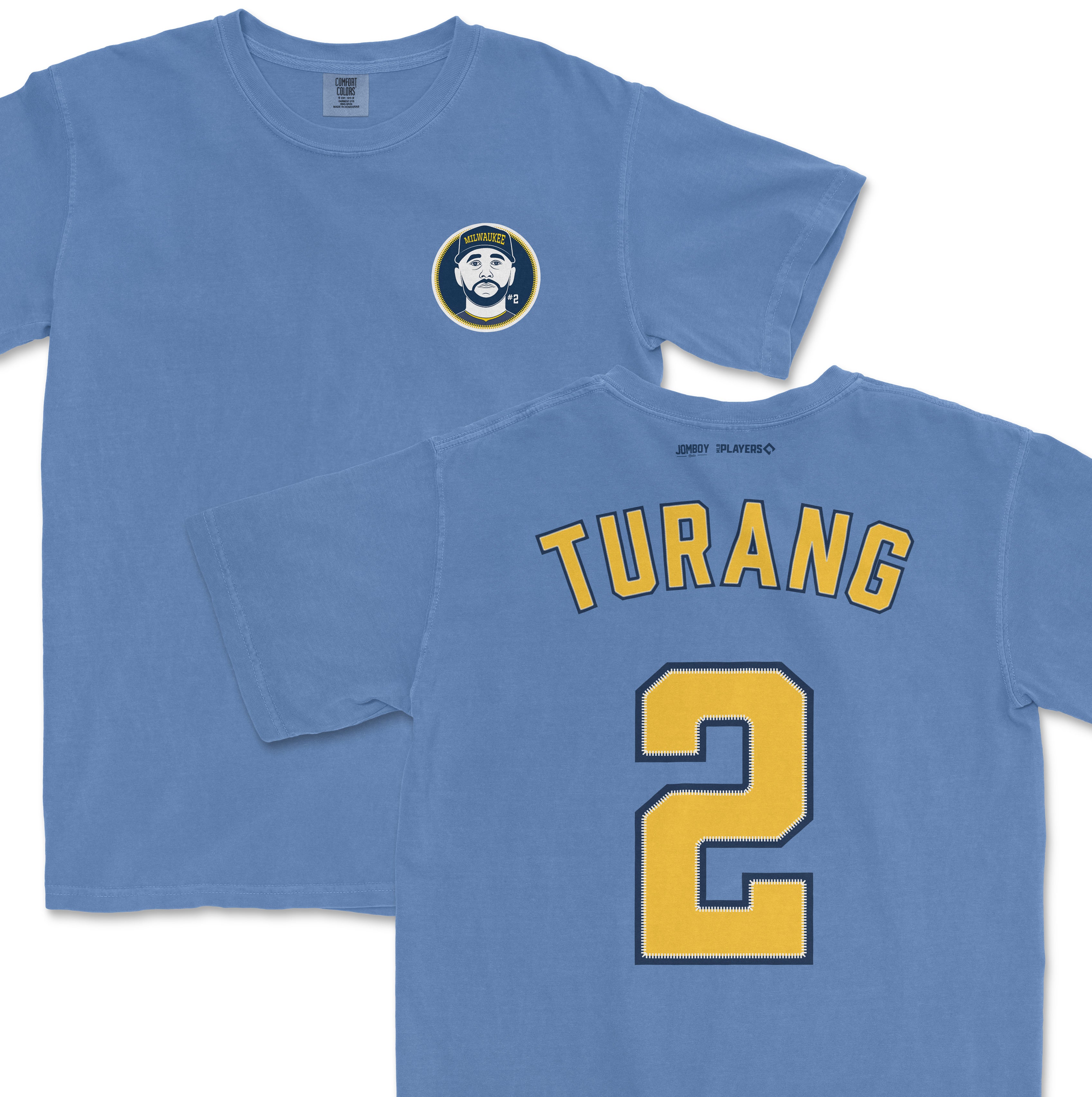 Blue Comfort Colors tee featuring a Milwaukee Turang #2 baseball jersey design on the front and back.