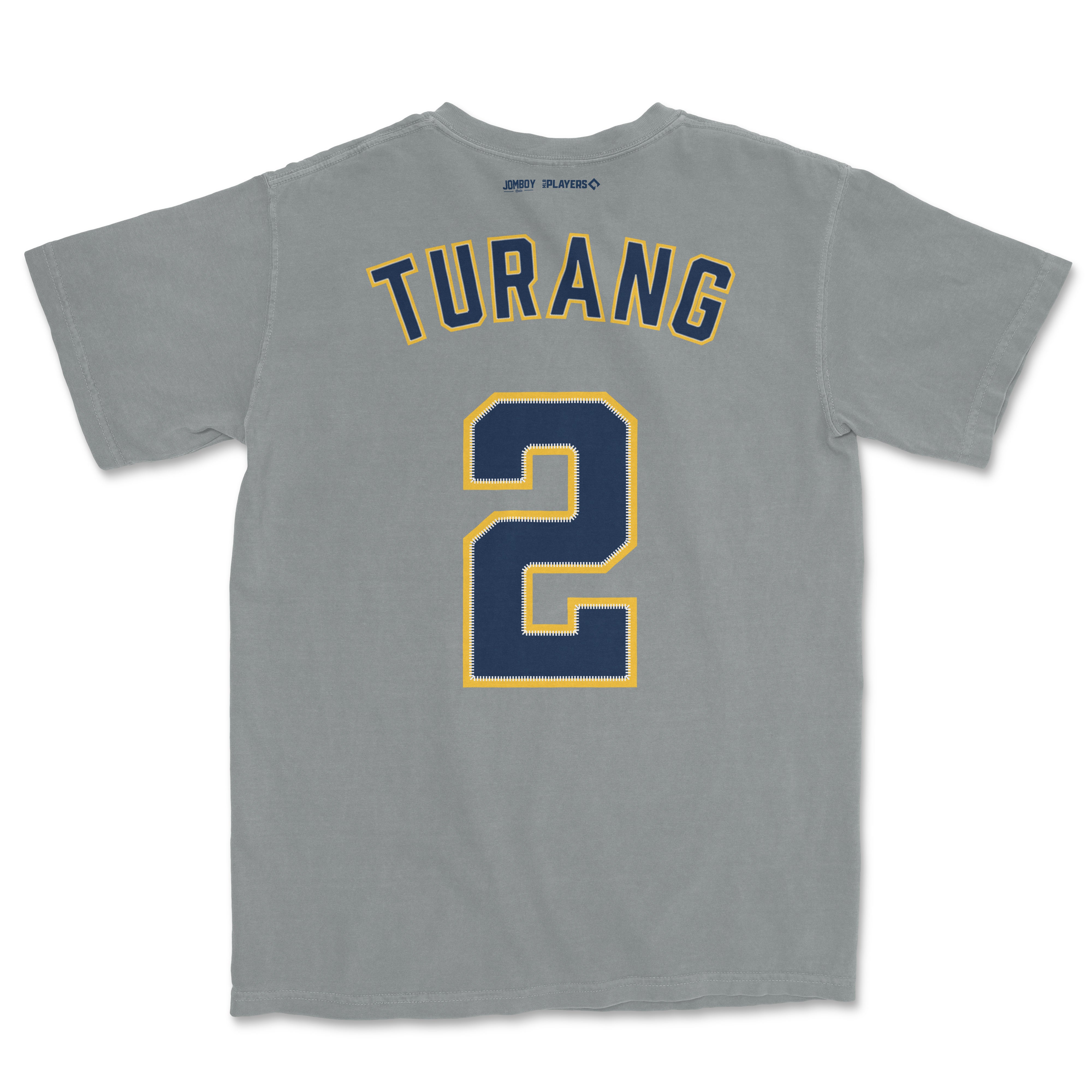 Back of a Comfort Colors tee featuring "TURANG" and the number 2 in navy with yellow accents, showcasing a sports-inspired design.