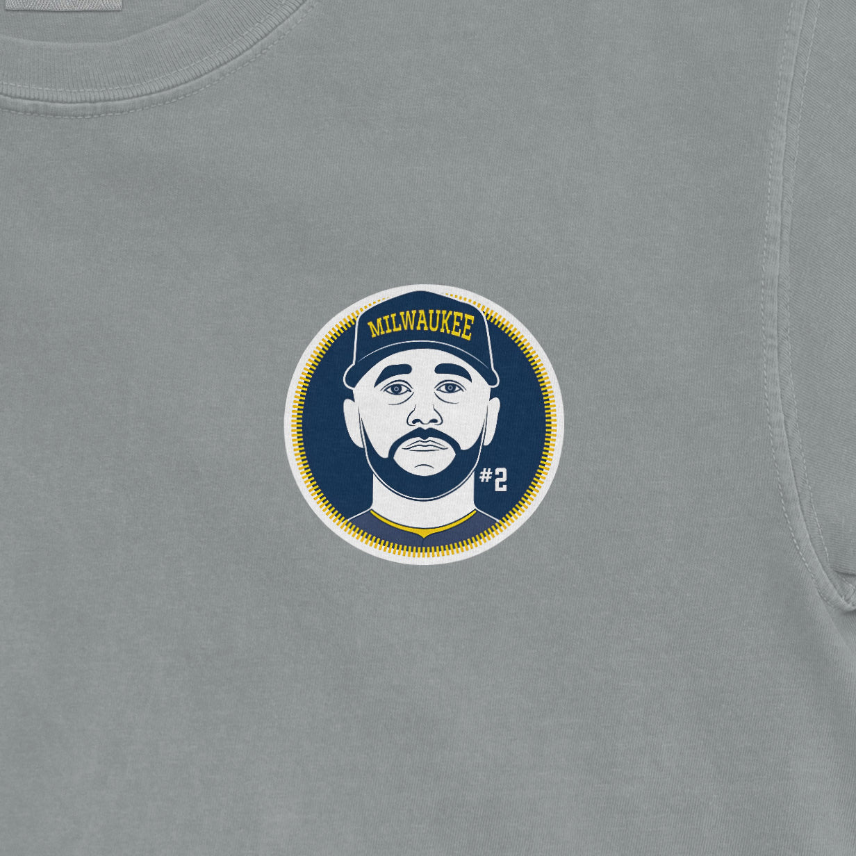 Gray Comfort Colors tee featuring a Milwaukee Brice Turang shirsey graphic with a stylized portrait and "#2" on the front.