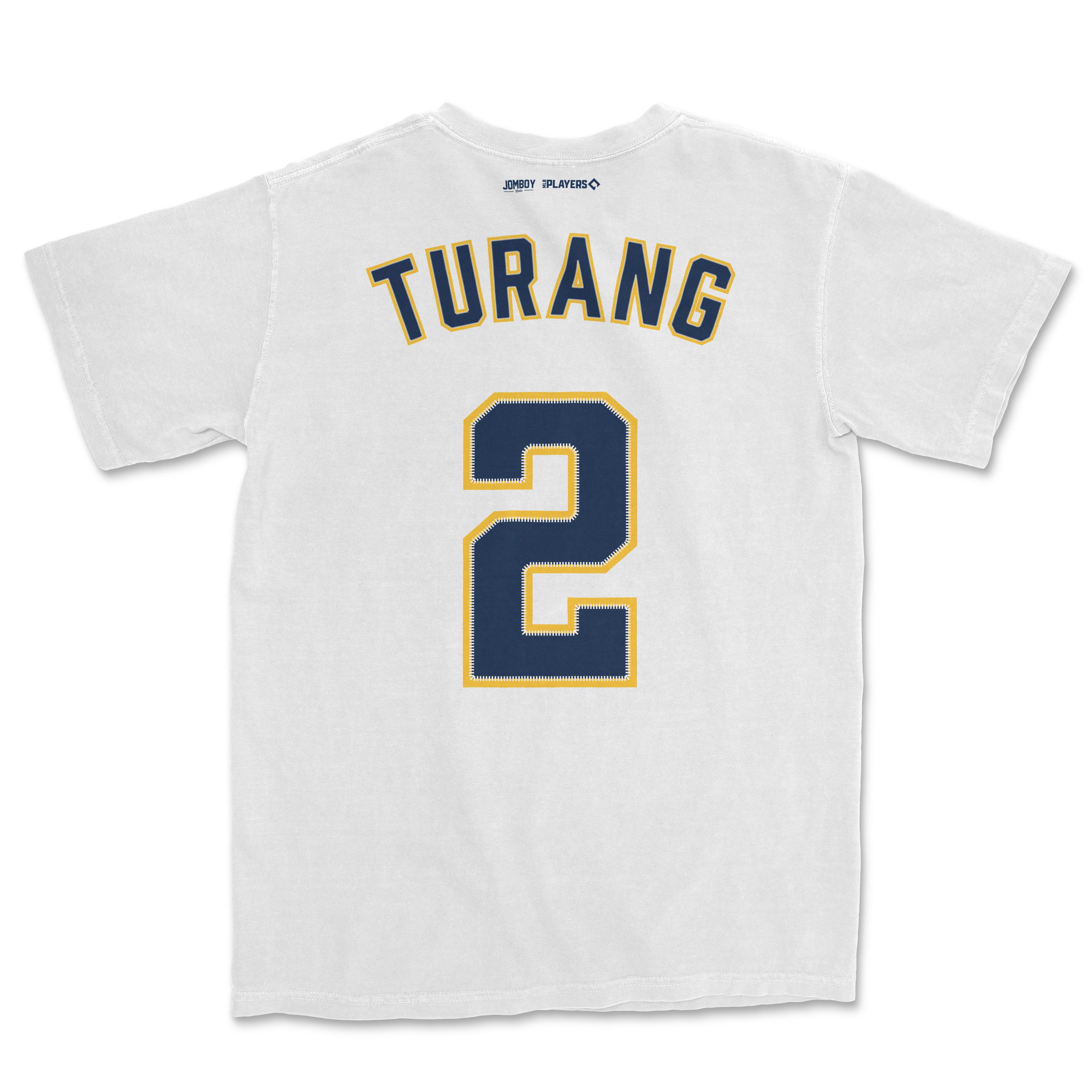 White Comfort Colors tee featuring "Turang" name, number 2, and team logos, inspired by Brice Turang sports jersey style.