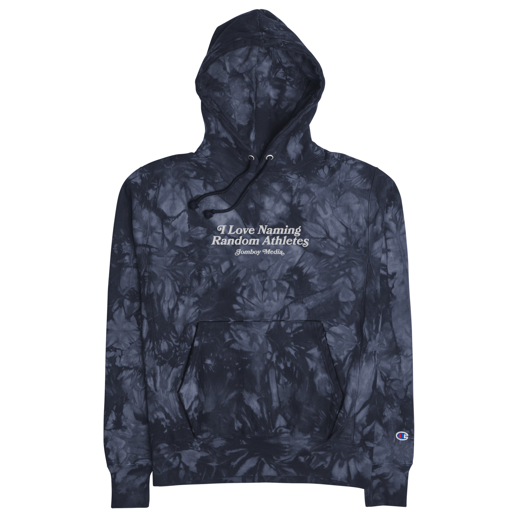 Embroidered tie-dye hoodie featuring the text "I Love Naming Random Athletes" and "Jomboy Media" on the front, with a front pocket and drawstring hood.