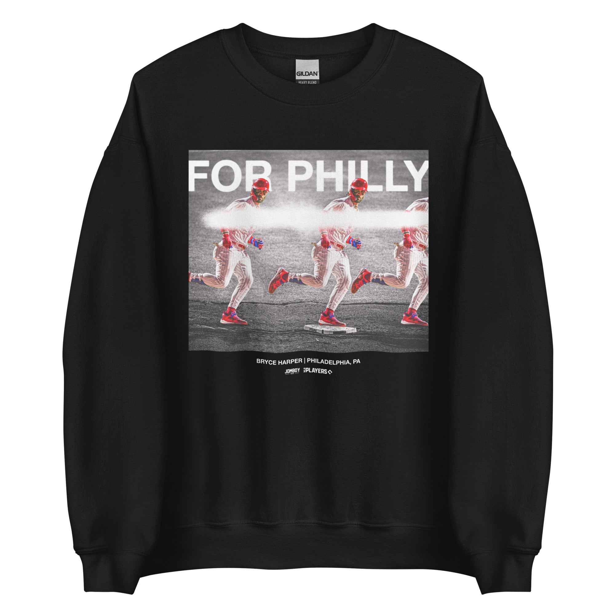 Black crewneck sweatshirt featuring a graphic of Bryce Harper running, with "For Philly" text and additional details below.