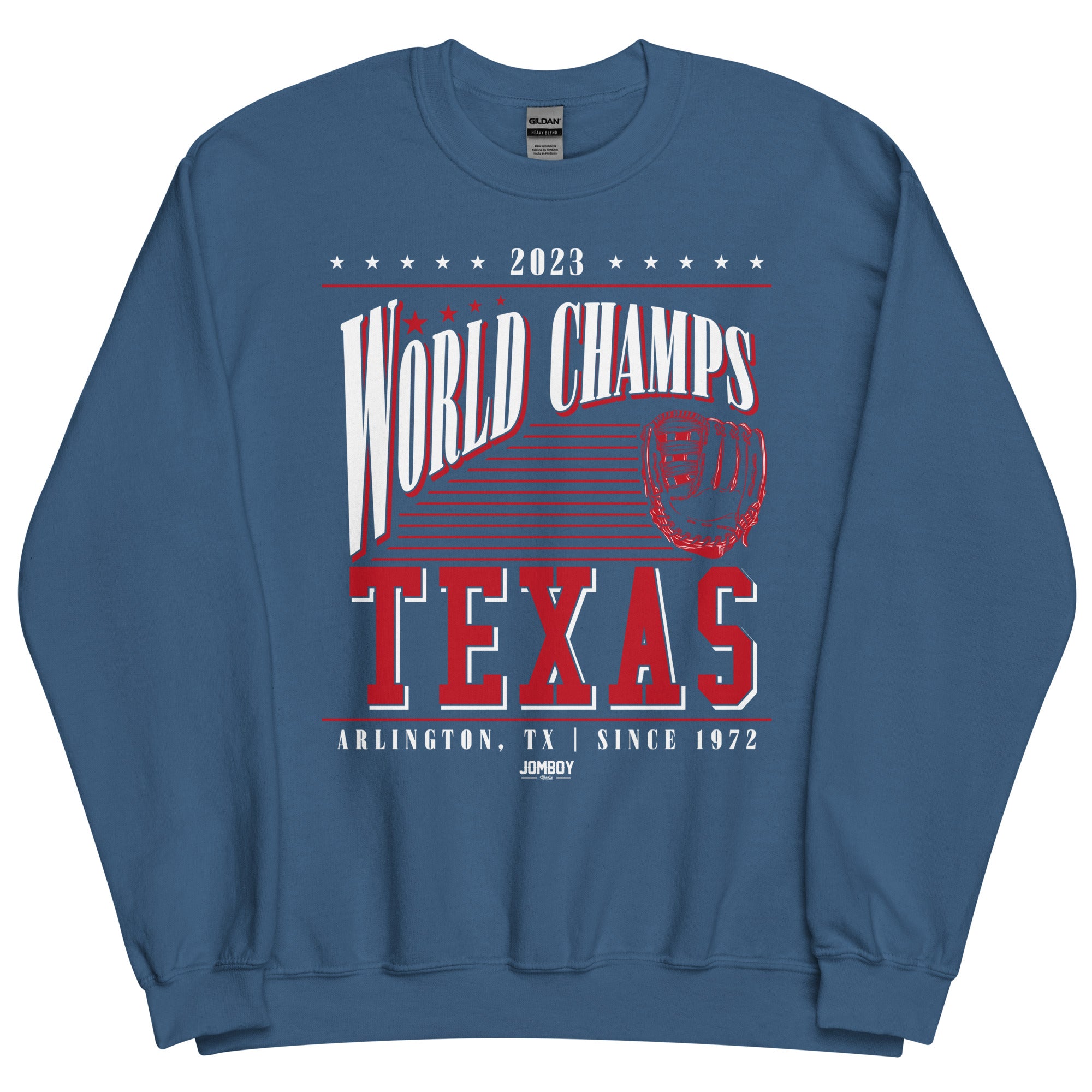 Blue crewneck sweatshirt celebrating Arlington, Texas as 2023 world champions with bold red and white graphic design.