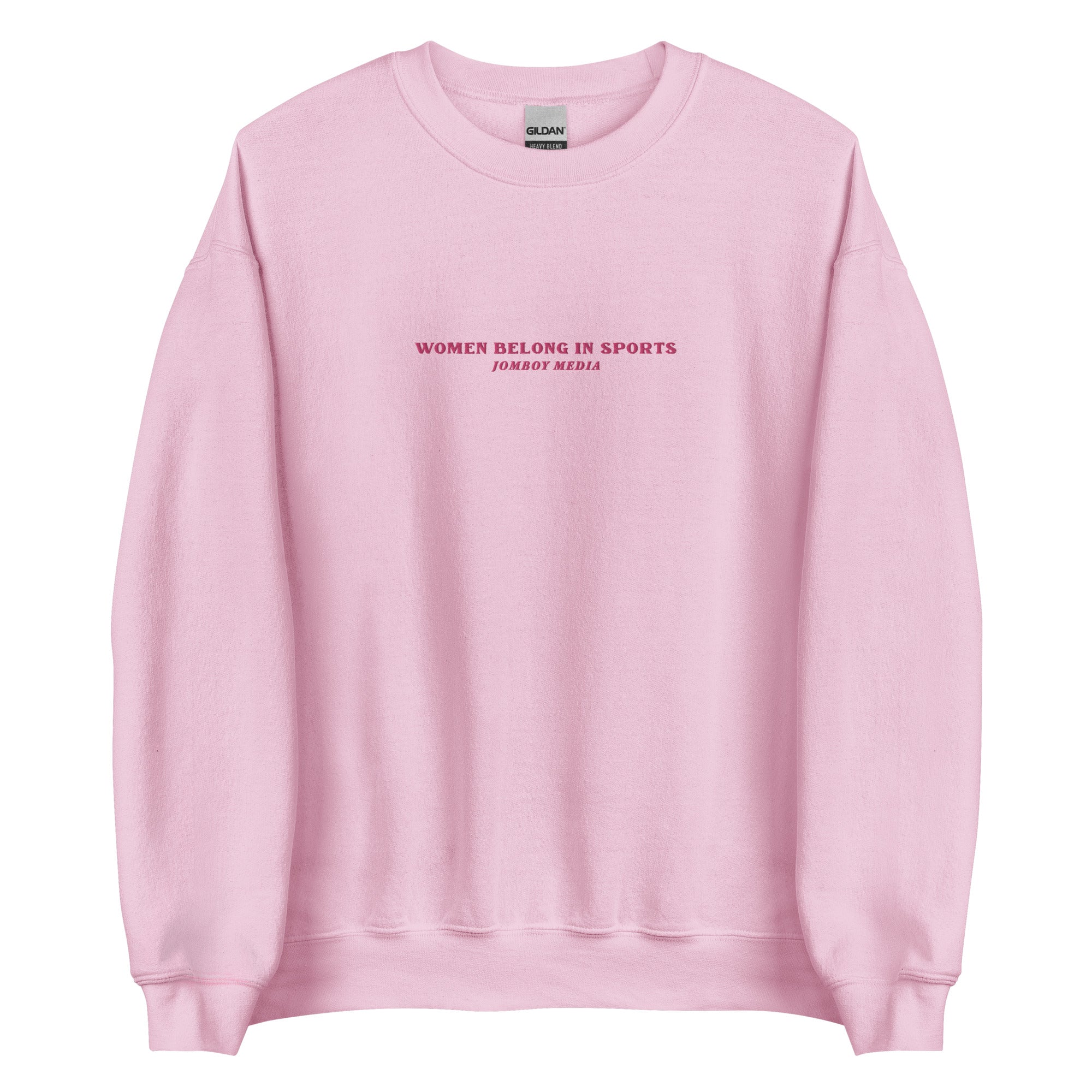 Pink embroidered crewneck sweatshirt with "Women Belong in Sports" and "Jombo Media" text in dark pink on the front.
