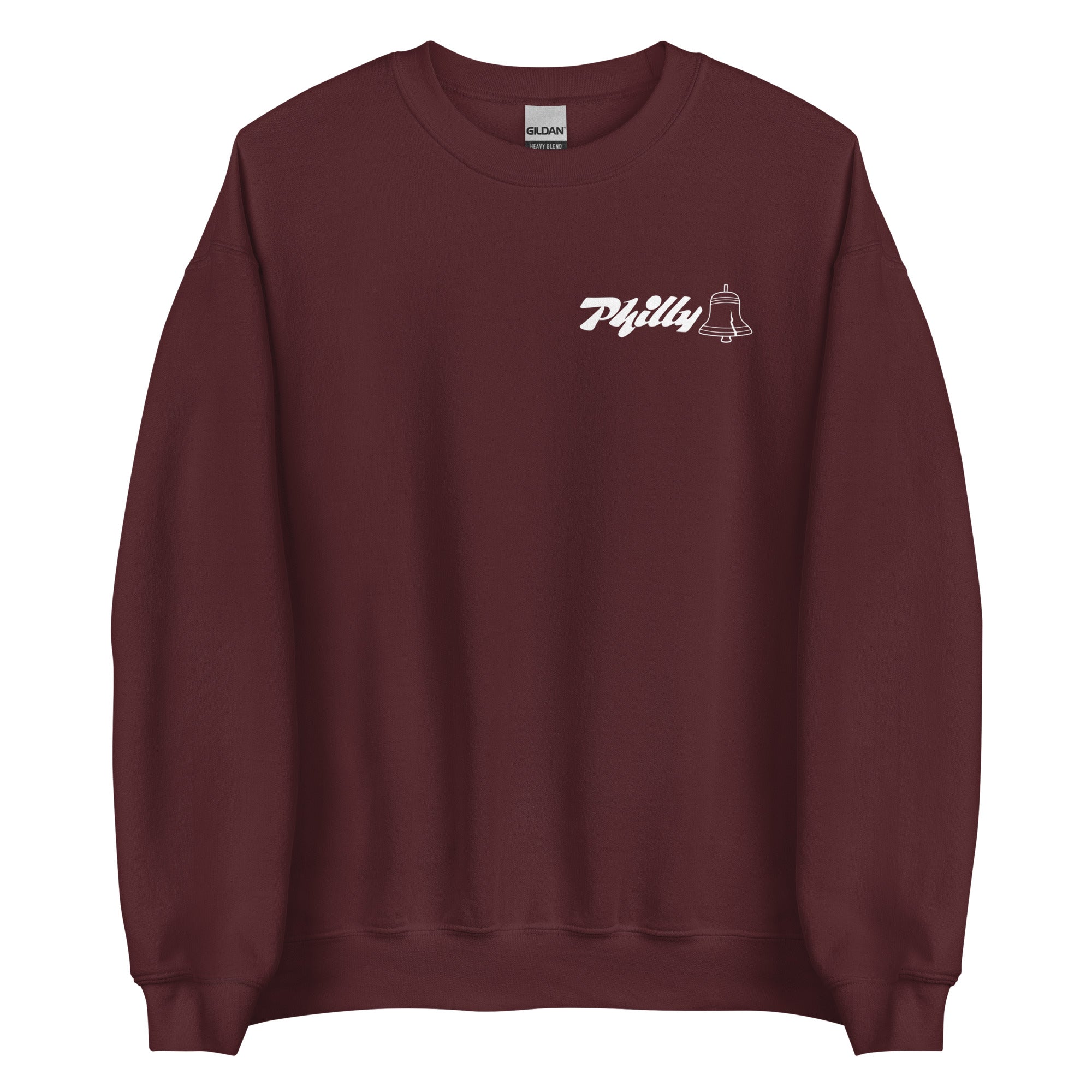 Maroon crewneck sweatshirt with "Philly" text and a bell graphic on the chest, celebrating Philadelphia's dance scene.