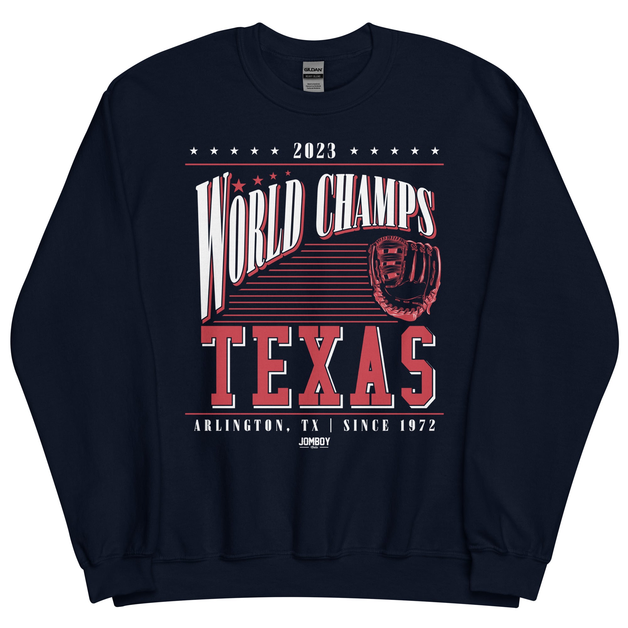 Navy crewneck sweatshirt celebrating Arlington, Texas as 2023 World Champs with bold red and white text and a baseball glove graphic.