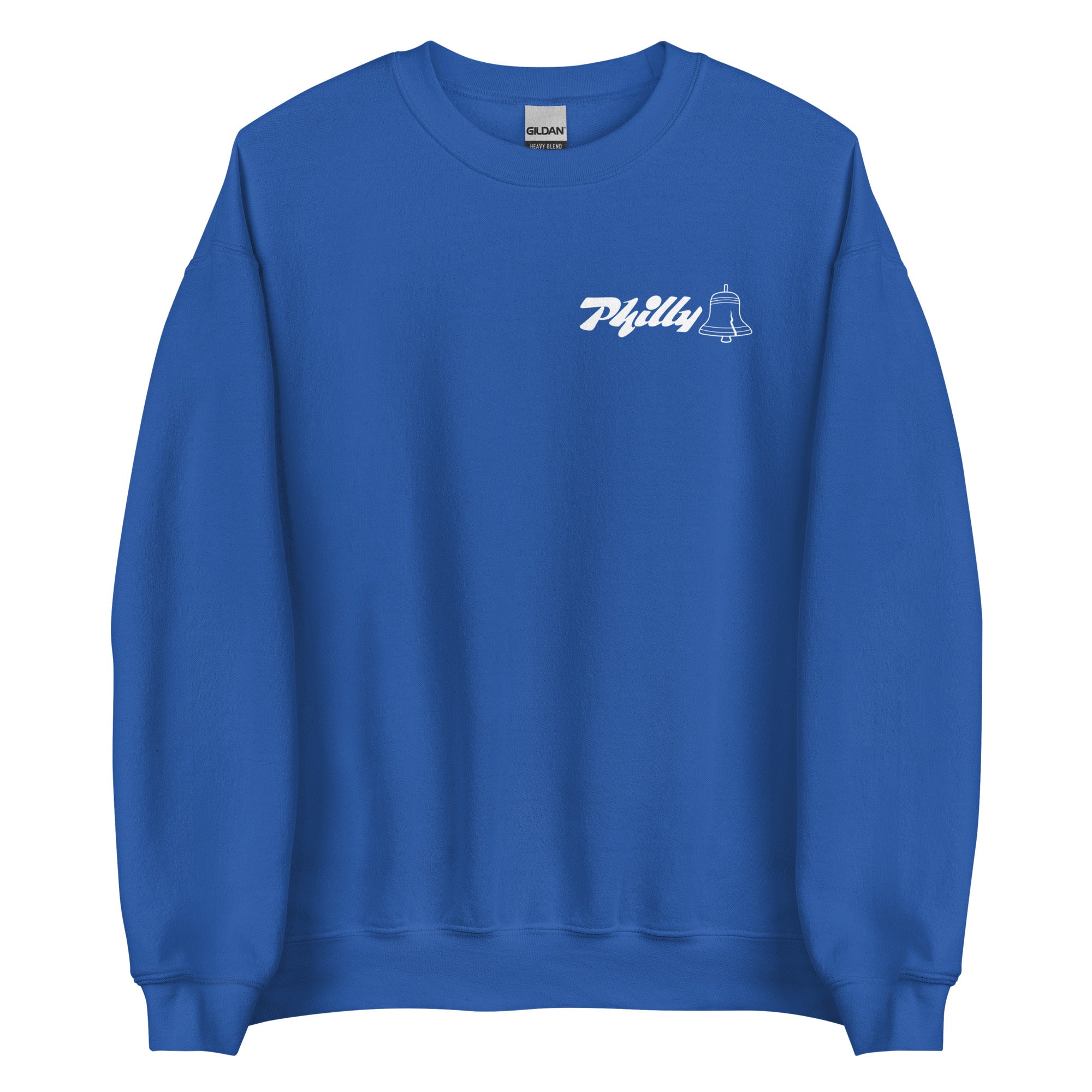 Blue crewneck sweatshirt with "Philly" text and a bell graphic on the chest, perfect for casual wear and representing Philadelphia.