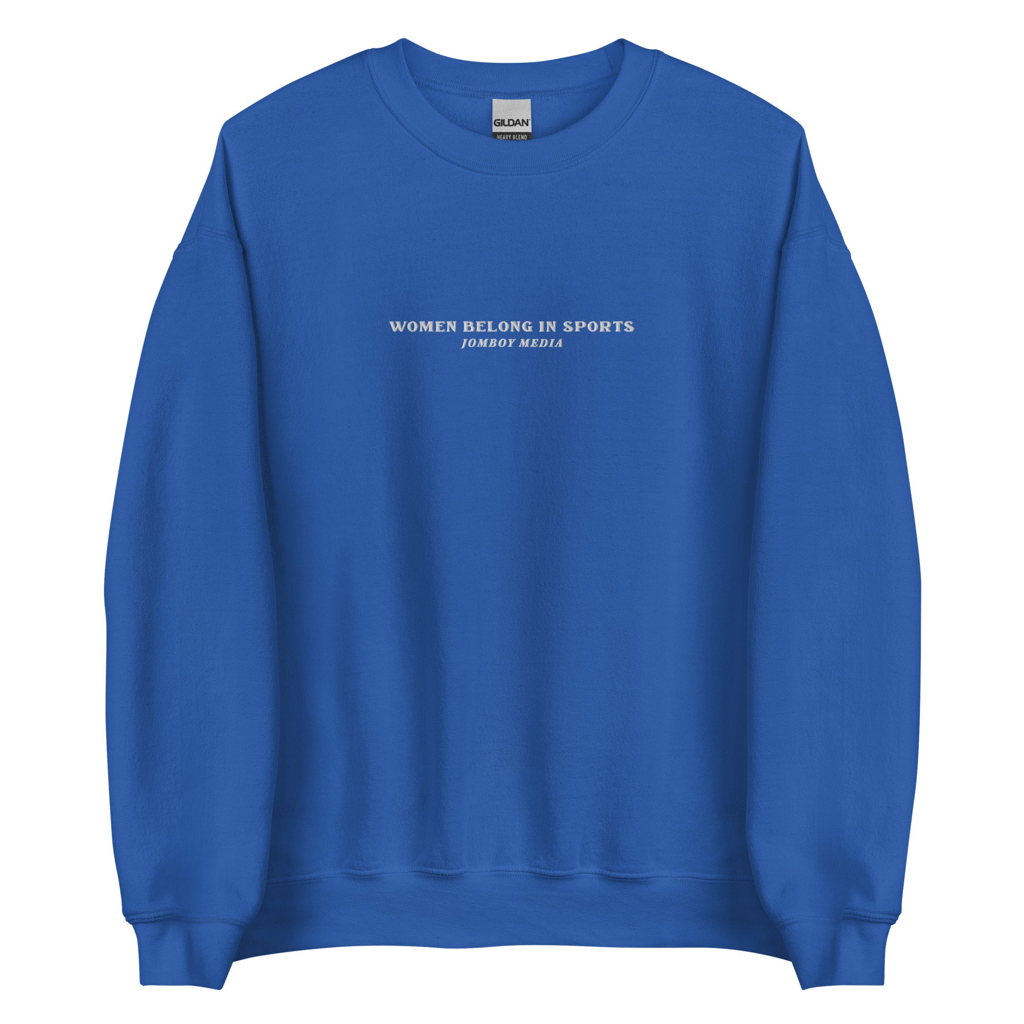 Blue embroidered crewneck sweatshirt with "Women Belong in Sports" and "Jombo Media" text on the front.