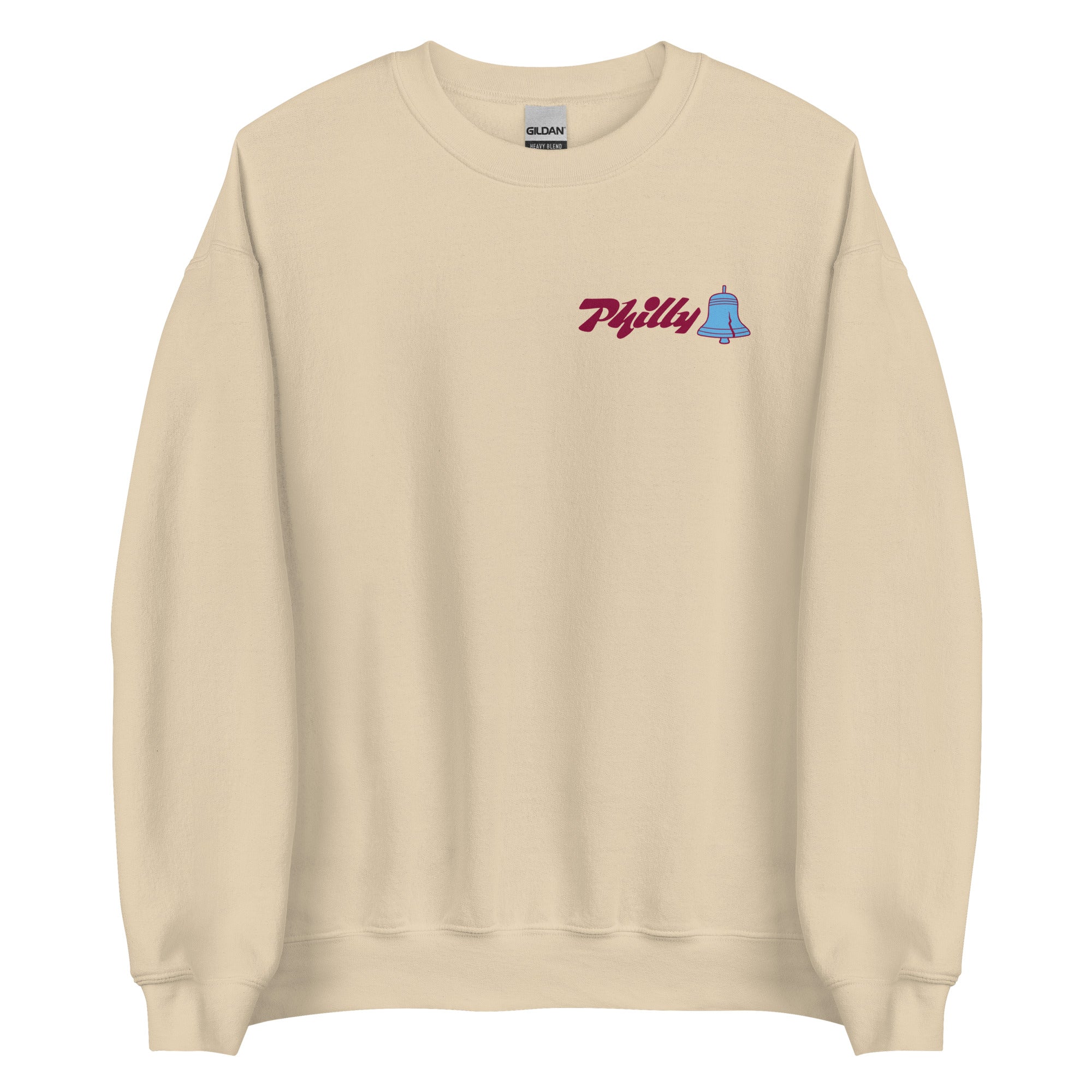Beige crewneck sweatshirt featuring a small "Philly" text and bell graphic on the upper left chest area.