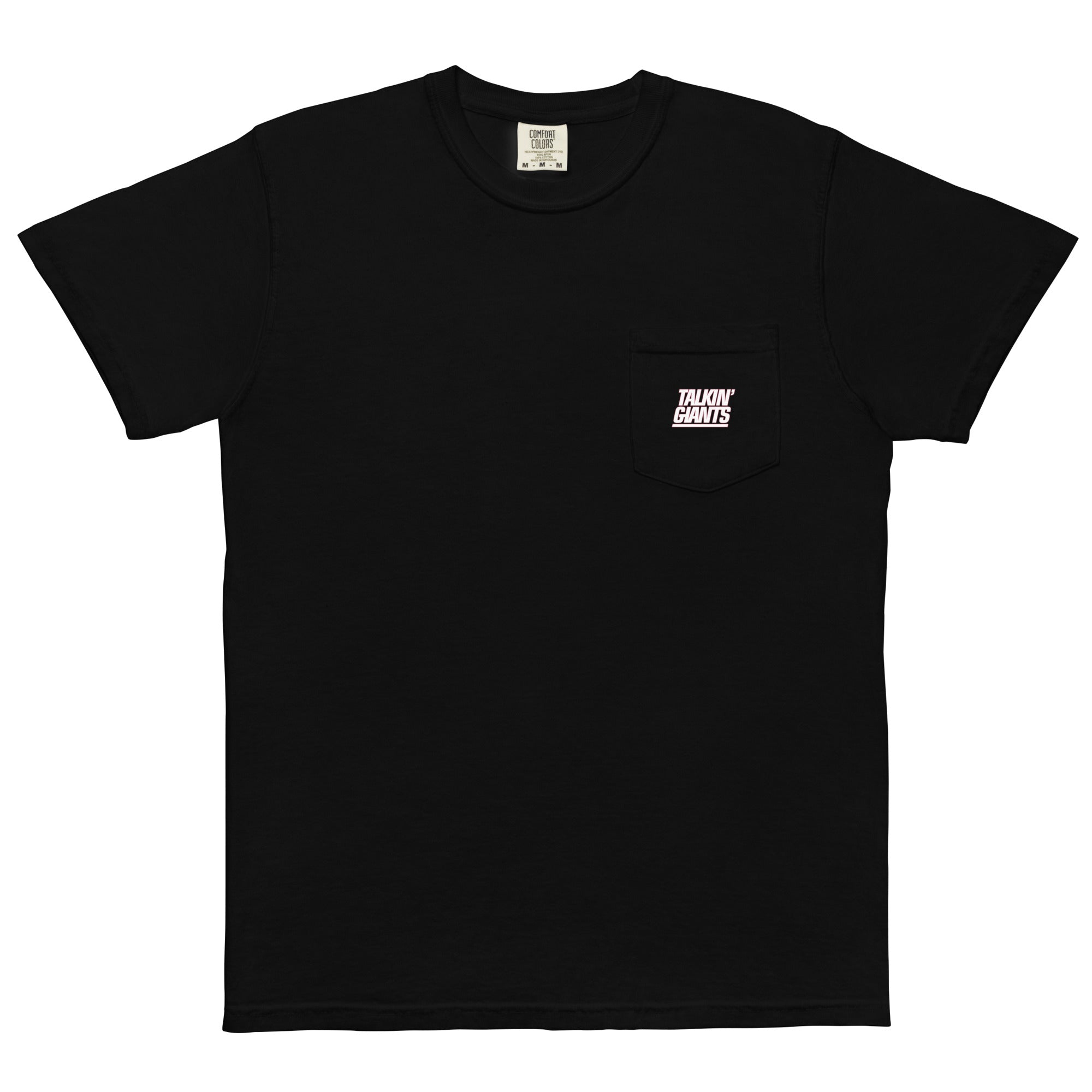 Black T-shirt with a small chest pocket featuring the "Talkin' Giants" logo in white and pink text.