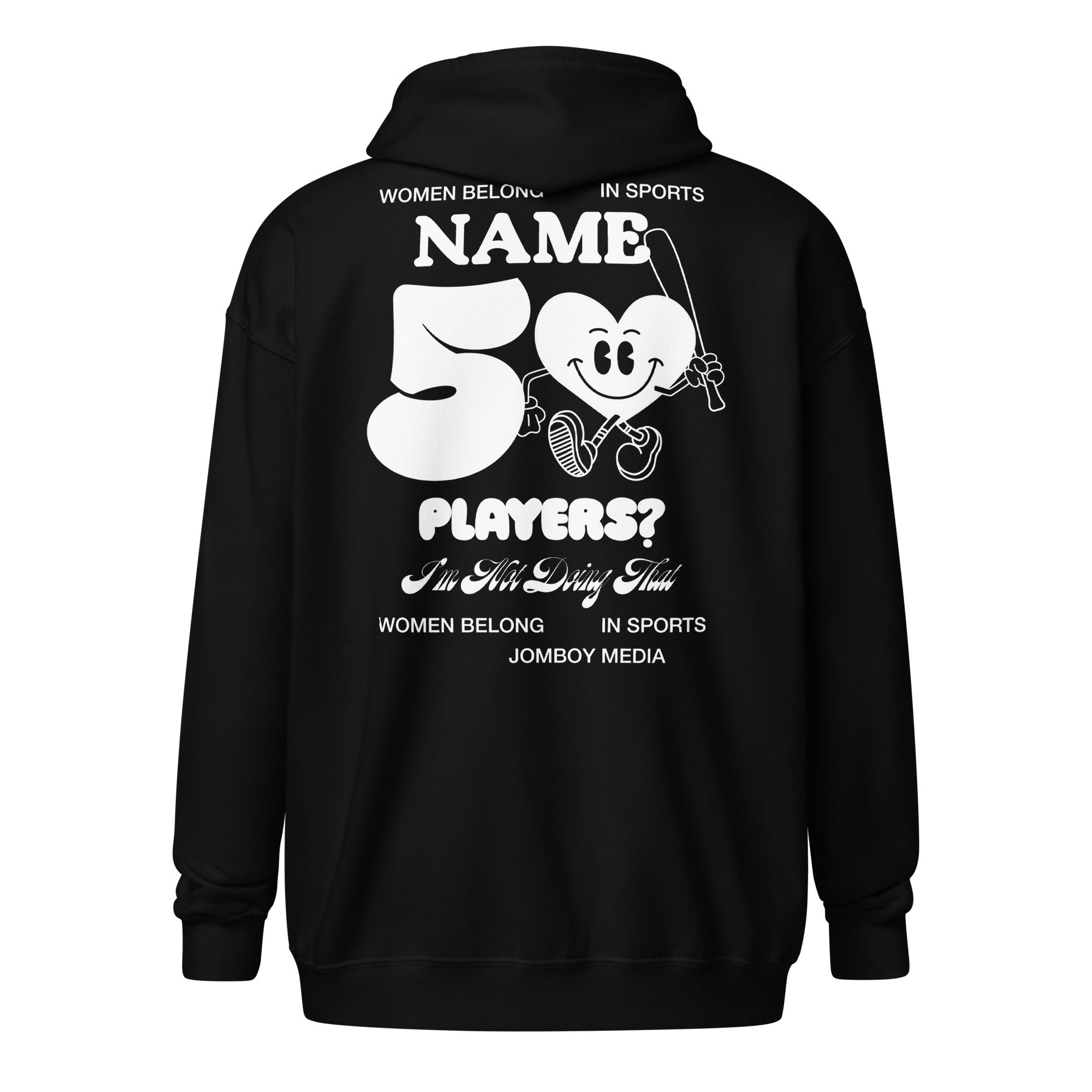 Black zip-up hoodie with playful white text and graphics, featuring a heart character holding a fishing rod and humorous phrases.