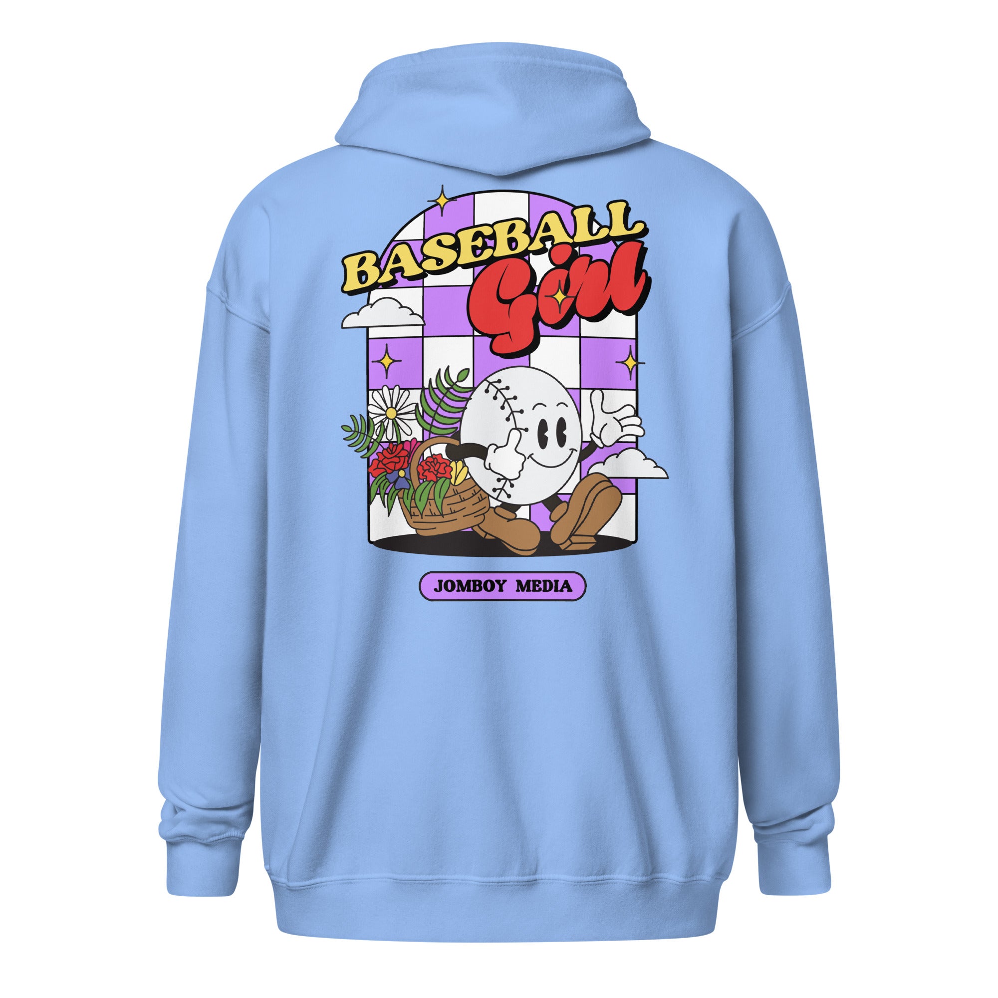 Light blue zip-up hoodie featuring a colorful cartoon baseball girl graphic, with "BASEBALL Girl" text and "JOMBOY MEDIA" label.