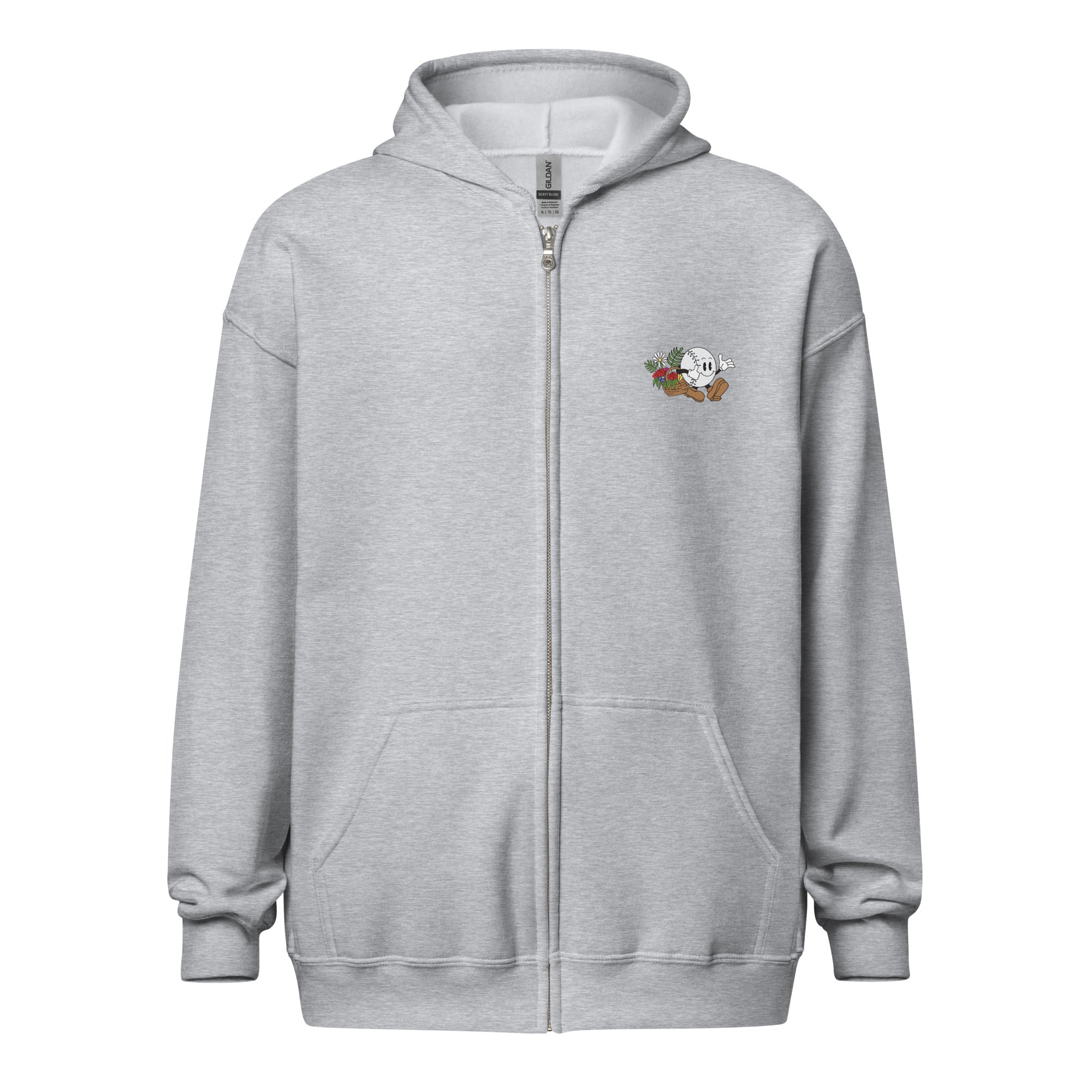 Gray zip-up hoodie featuring a small embroidered baseball girl character with a baseball and flowers on the chest.