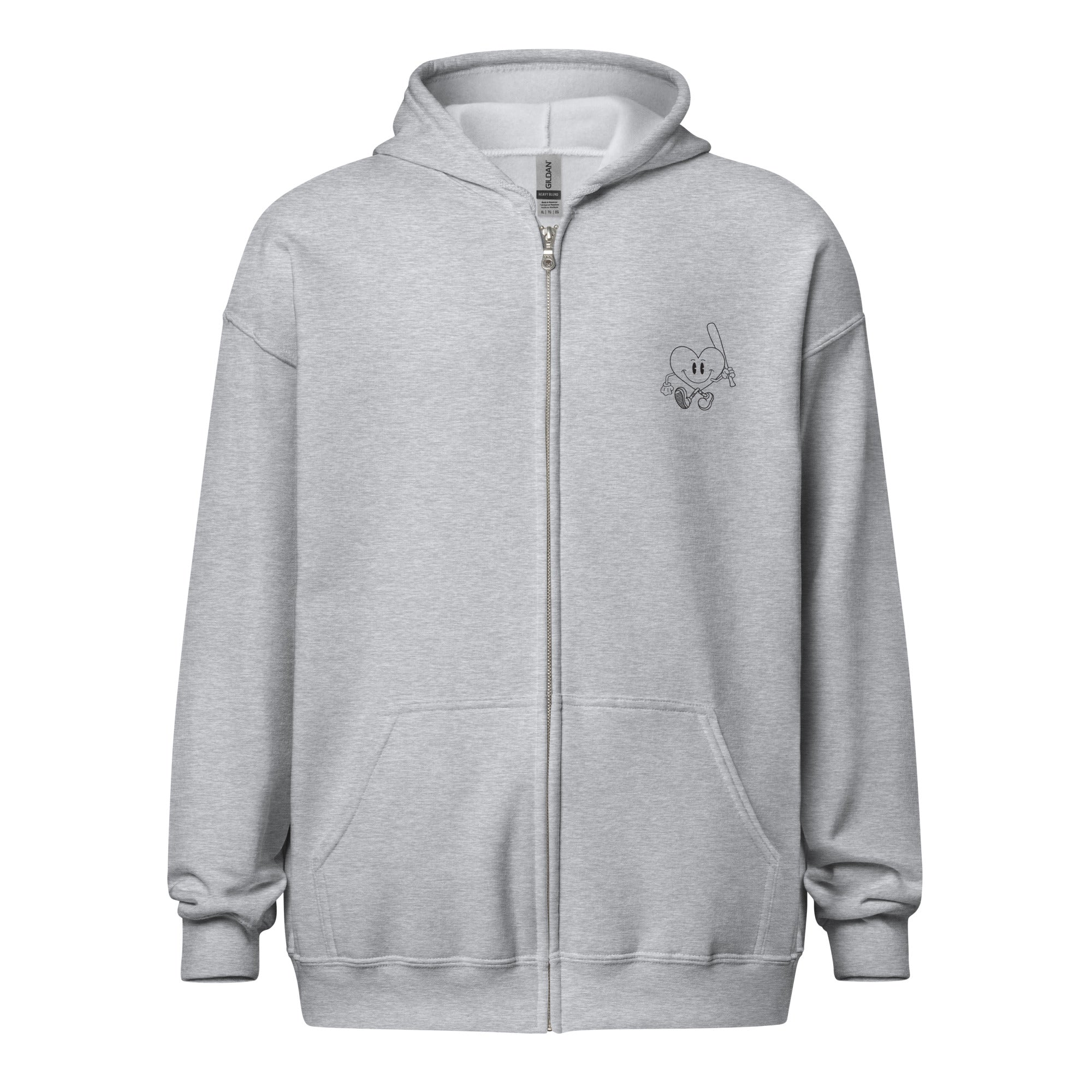Light gray zip-up hoodie with a small cartoon heart character holding a fishing rod on the chest, featuring "I'M NOT DOING THAT" text.